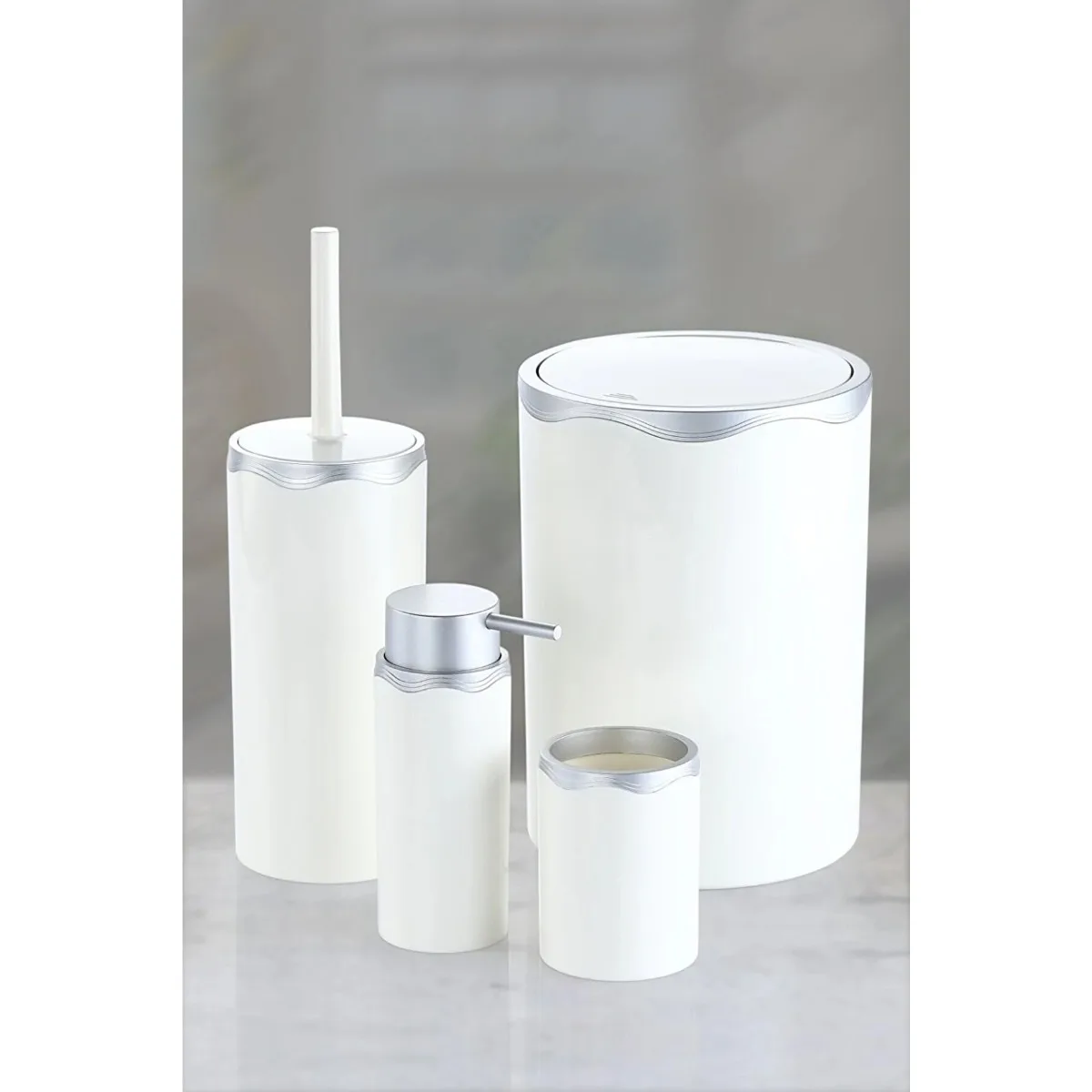 Round Bathroom Set White Silver Bathroom Accessories 4 Pieces Dustbin Soap Dispenser Toothbrush Holder Home Dokor Hard Plastic