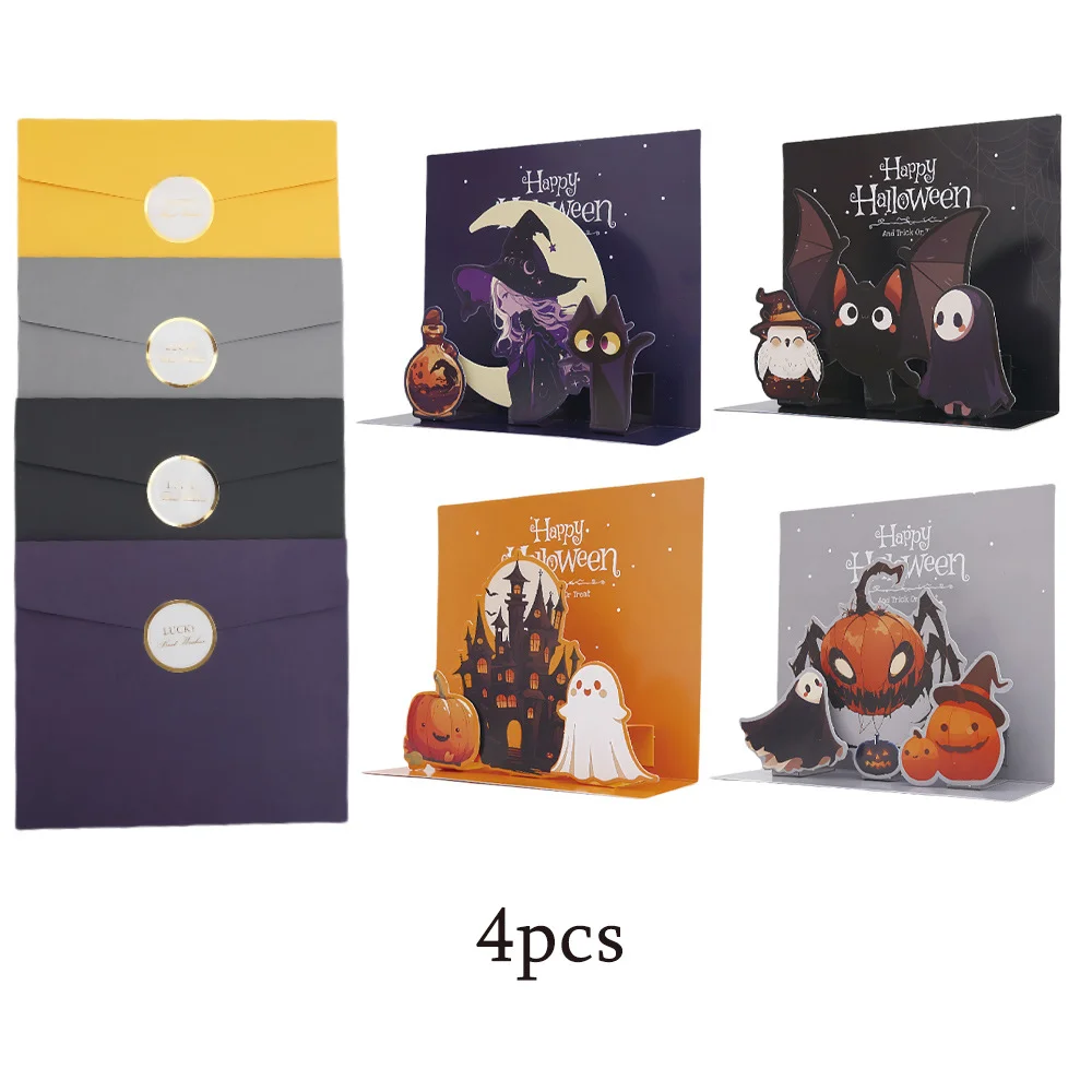 Handgefertigte Halloween-Popup-Grußkarte mit 3D-Spukhaus, Mond, Kürbisse, Geister-Design – inklusive Notizkarte und Umschlag