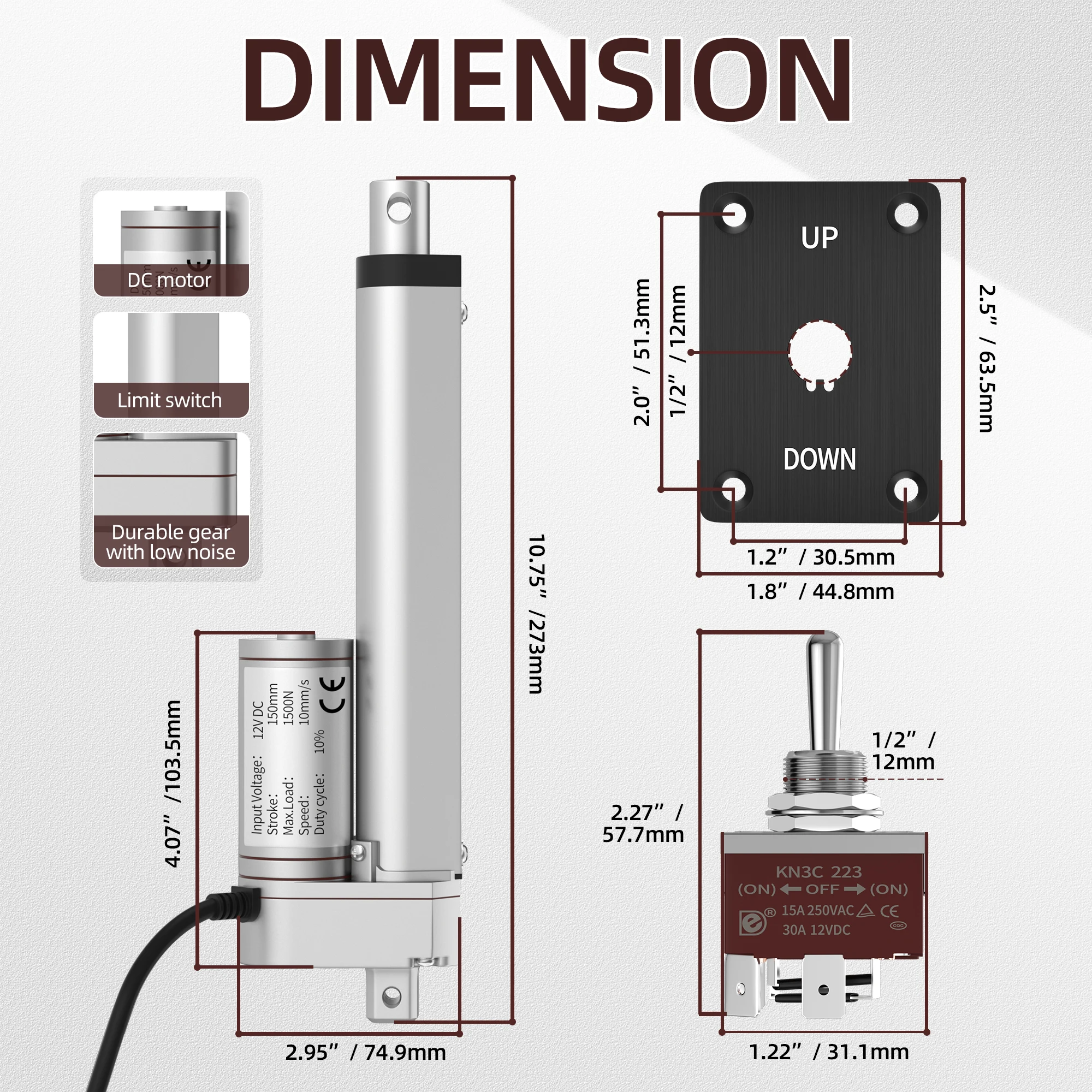 12V Linear Actuator High Speed 14mms Linear Motion Actuator 220lb/1000N Electric Actuator IP54 Waterproof Linear Actuator 6 inch