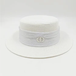 Flat top straw hat summer sun hat French British style outdoor beach sun hat anti-ultraviolet ladies adjustable hat 여름모자