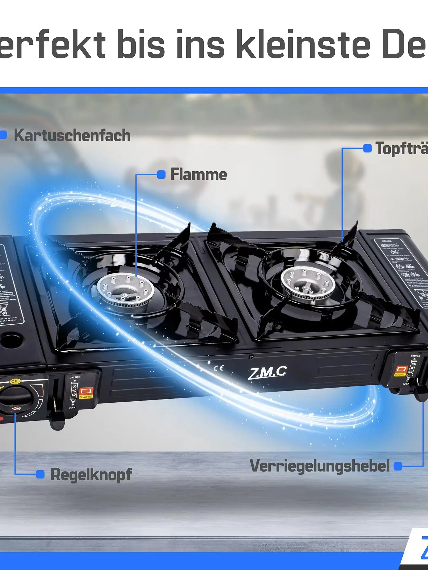 ZMC Campingkocher 2-flammig 2,3 kW inklusive 20x 227g Gaskartuschen mit Piezo-Zündung, LPG-Adapter & tragbarem Koffer | Gaskocher bedienbar mit 227g Gaskartuschen | Ideal für Outdoor, Camping, Balkon