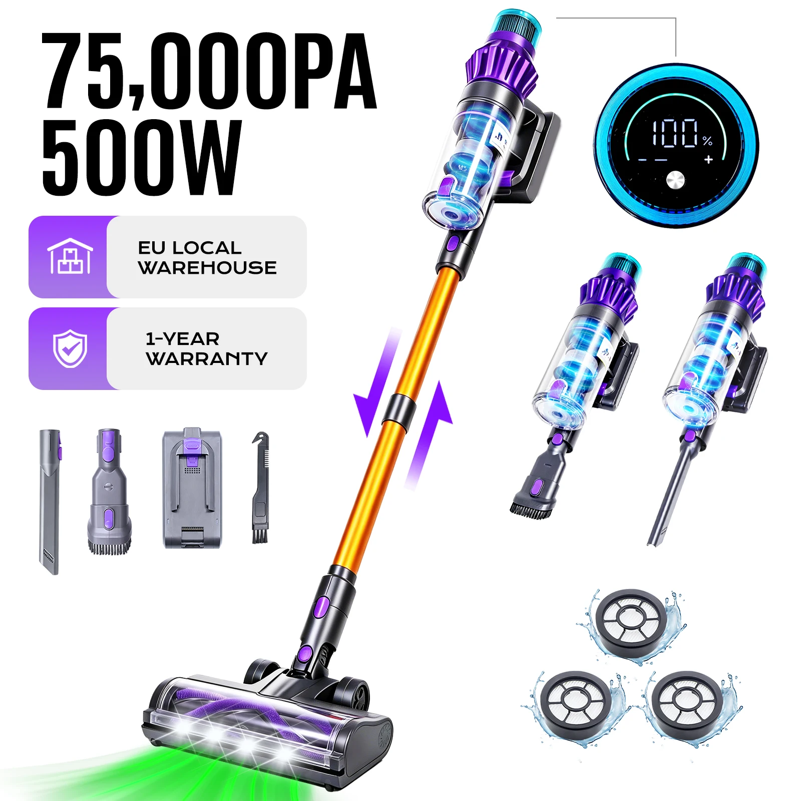 V16 500W 75Kpa Aspiradora sin Cable con Pantalla Táctil, Modo Auto, Sensor de Polvo Infrarrojo, Filtración HEPA de 6 Etapas, 60min