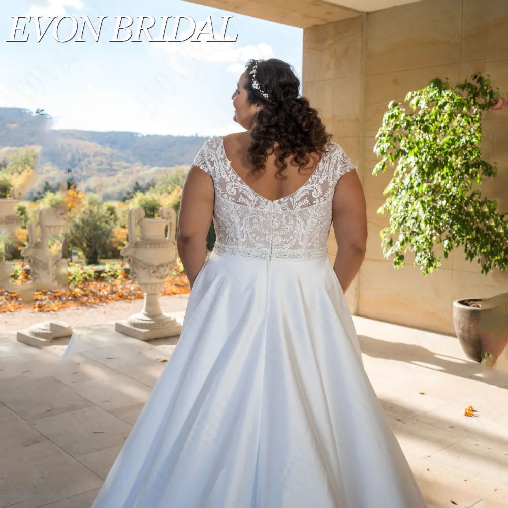 EVON BRIDAL Vintage Plus Size Wedding Dress V-Neck Satin A-Line Bride Gowns Short Sleeves Backless Custom Made Bridal Dresses