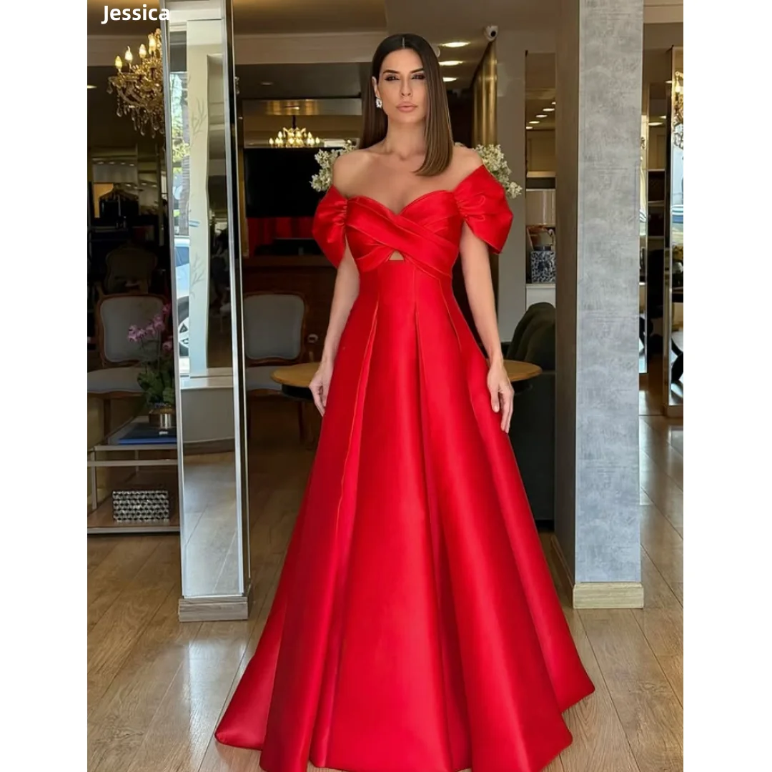 

Jessica Sexy Off-shoulder Lady Evening Dresses Red Satin Prom Dresses A-line Formal Occasions Vestidos De Gala Customized