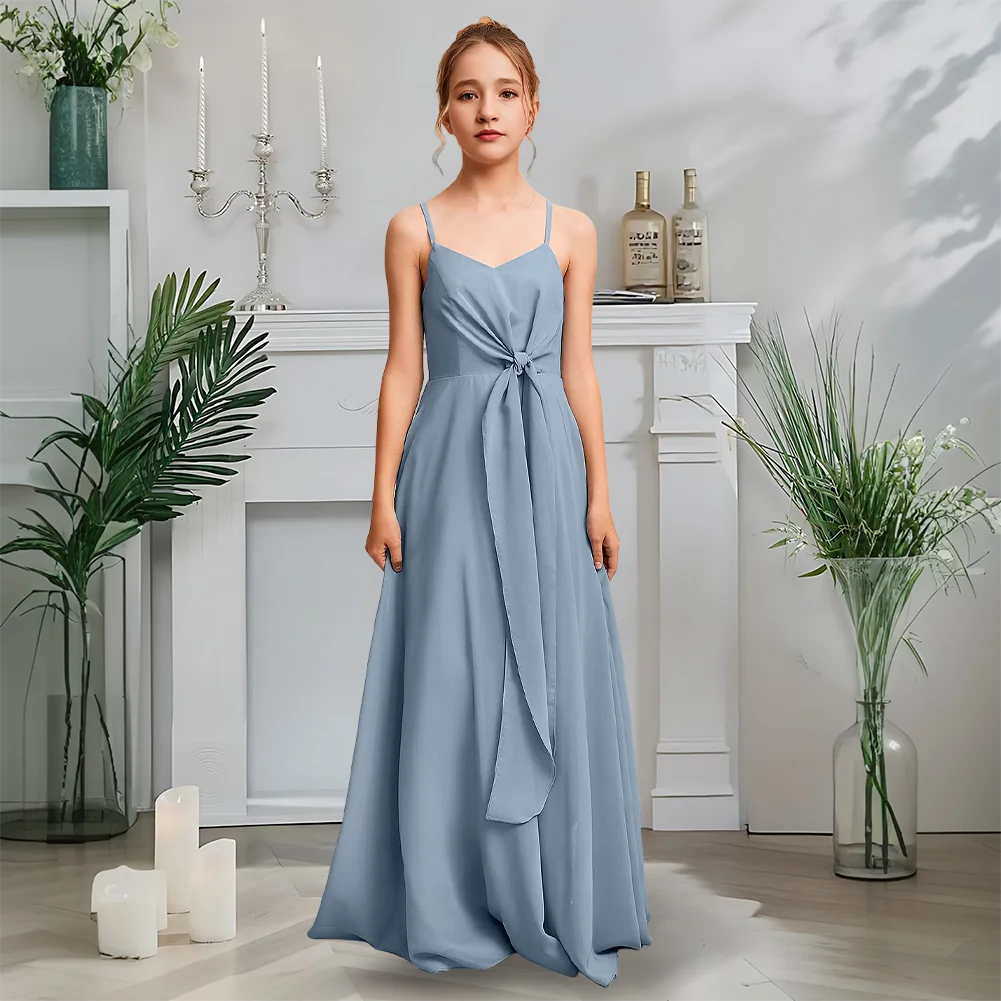 Синее платье подружки невесты с v-образным вырезом, платье с цветочным узором для девочек, шифоновое платье трапециевидной формы длиной до пола, детское платье для девочек, праздничная, свадебная, официальная одежда
