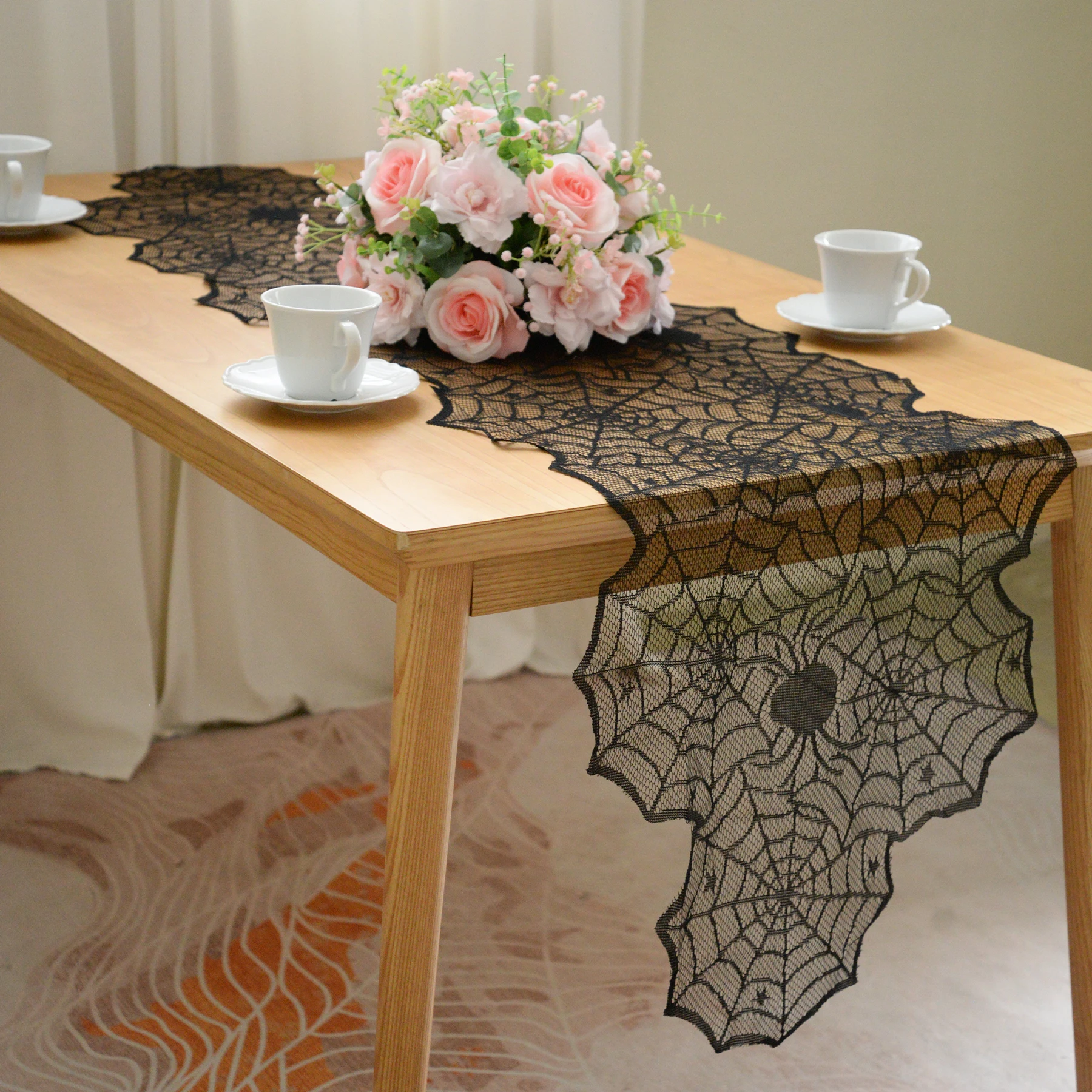 

Halloween Vintage Lace Polyester Table Runner,Reusable Smooth Tablecloths, Perfect for Outdoor Camping Dining Table, Black