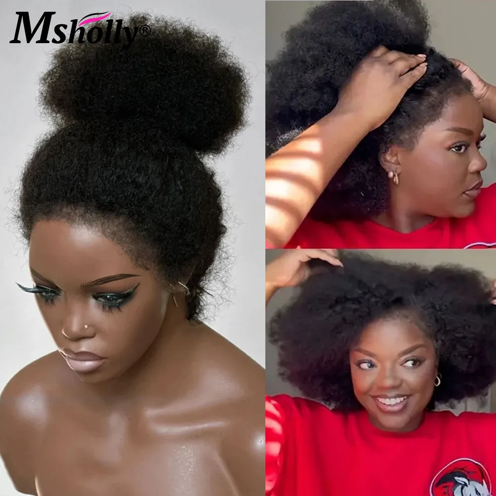 Wig keriting Afro 100% rambut manusia 13x4 Wig Frontal renda 4c tepi Wig keriting Mongolia untuk wanita Wig Brasil dengan simpul diputihkan