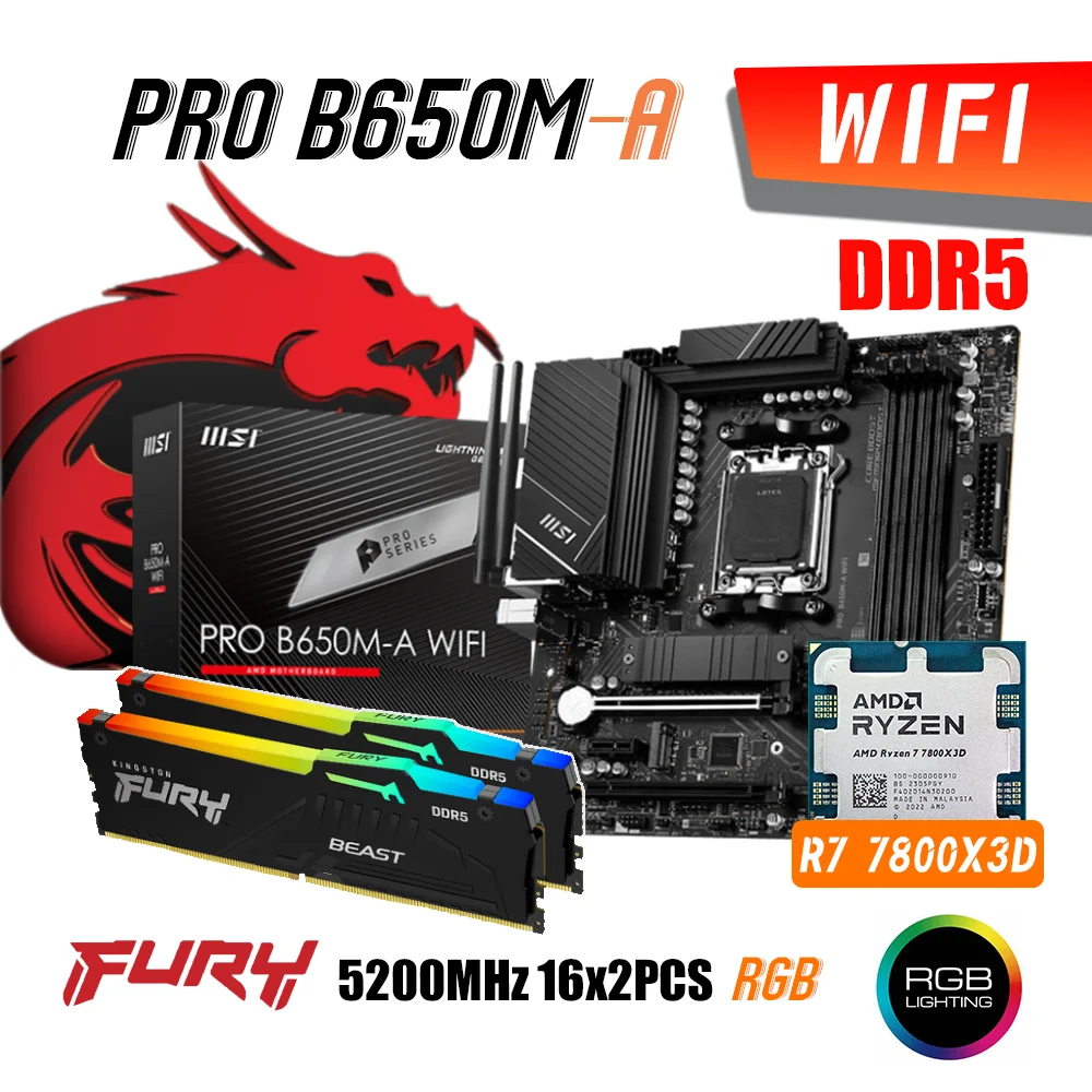 Материнская плата MSI PRO B650M-A WIFI DDR5 AM5 с AMD Ryzen 7 7800X3D, комплект процессора Combo Fury 5200 МГц 16 Гб x2 DDR5 RGB память, Новинка HDMI DP USB поддерживает видеокарты NVIDIA AMD для настольных ПК Gamer