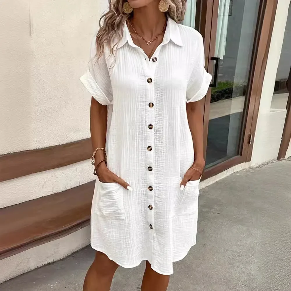 Moda damska Letnia minimalistyczna sukienka zapinana na guziki z dekoltem w szpic Biała bawełniana sukienka z krótkim rękawem i kieszenią Luźna sukienka koszulowa — zdjęcie 2