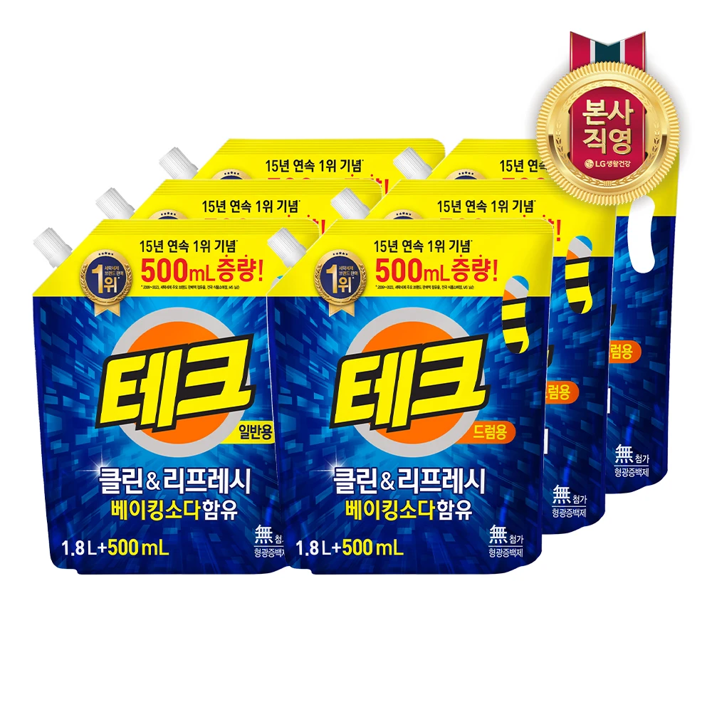 테크 클린앤리프레쉬 액체세제 리필 1.8L+500ml X 6개(일반/드럼)