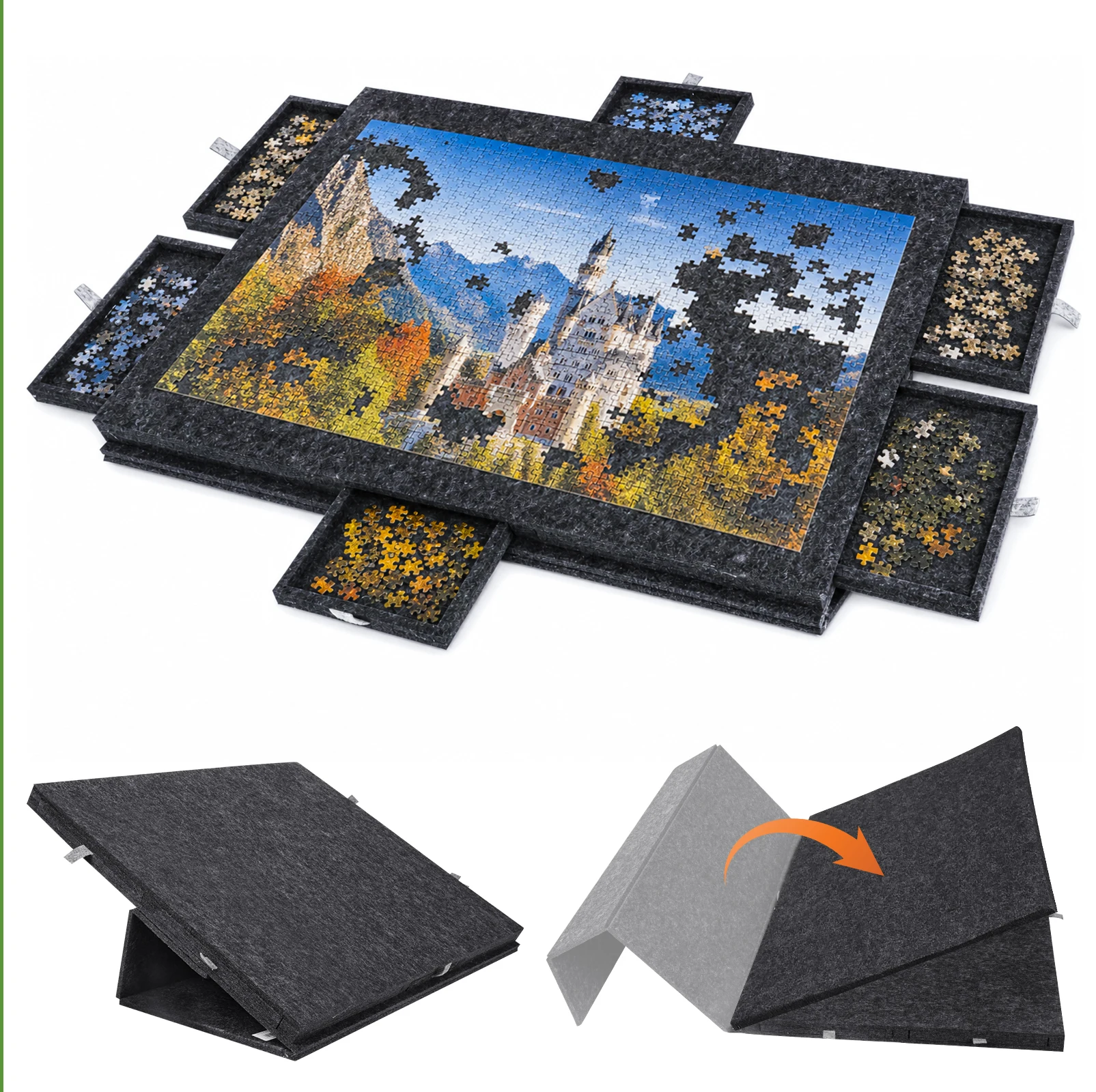 Draagbaar puzzelbord van vilt, 1000 stukjes, verstelbare hoekstandaard, stofdichte hoes, 6 opbergbakjes, voor woonkamer, slaapkamer