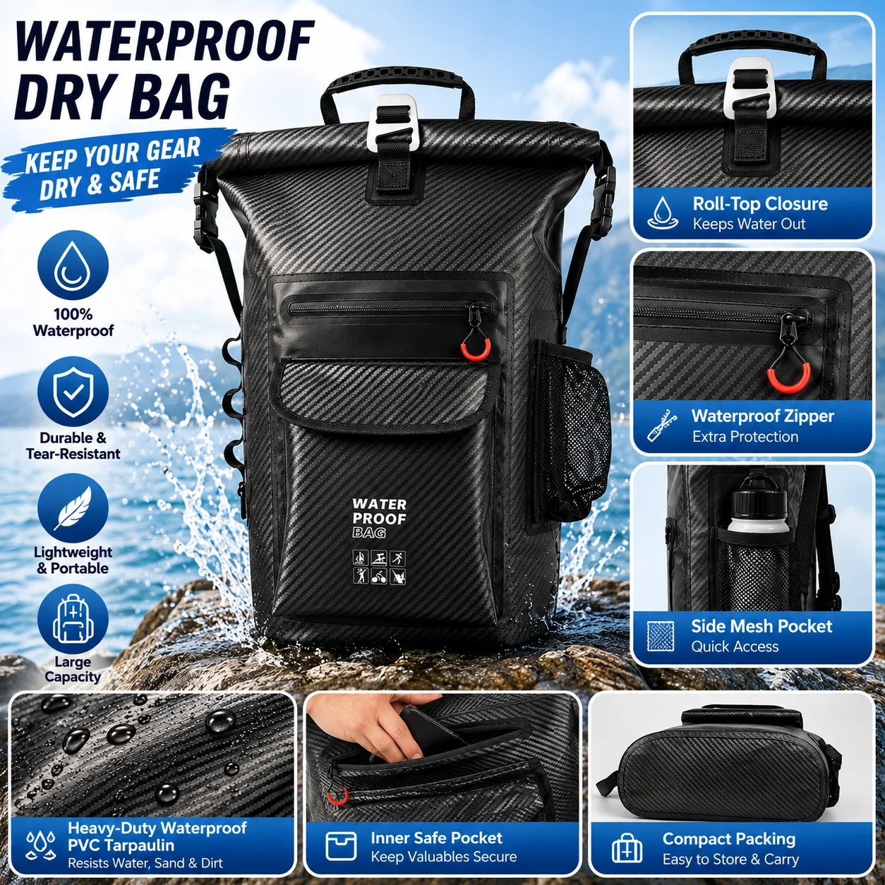 Wholesale 30L High Quality PVC Floating Roll Top Waterproof Dry Bag Rafting Kayaking Backpack Travel Swim Climbing Foldable - view 3