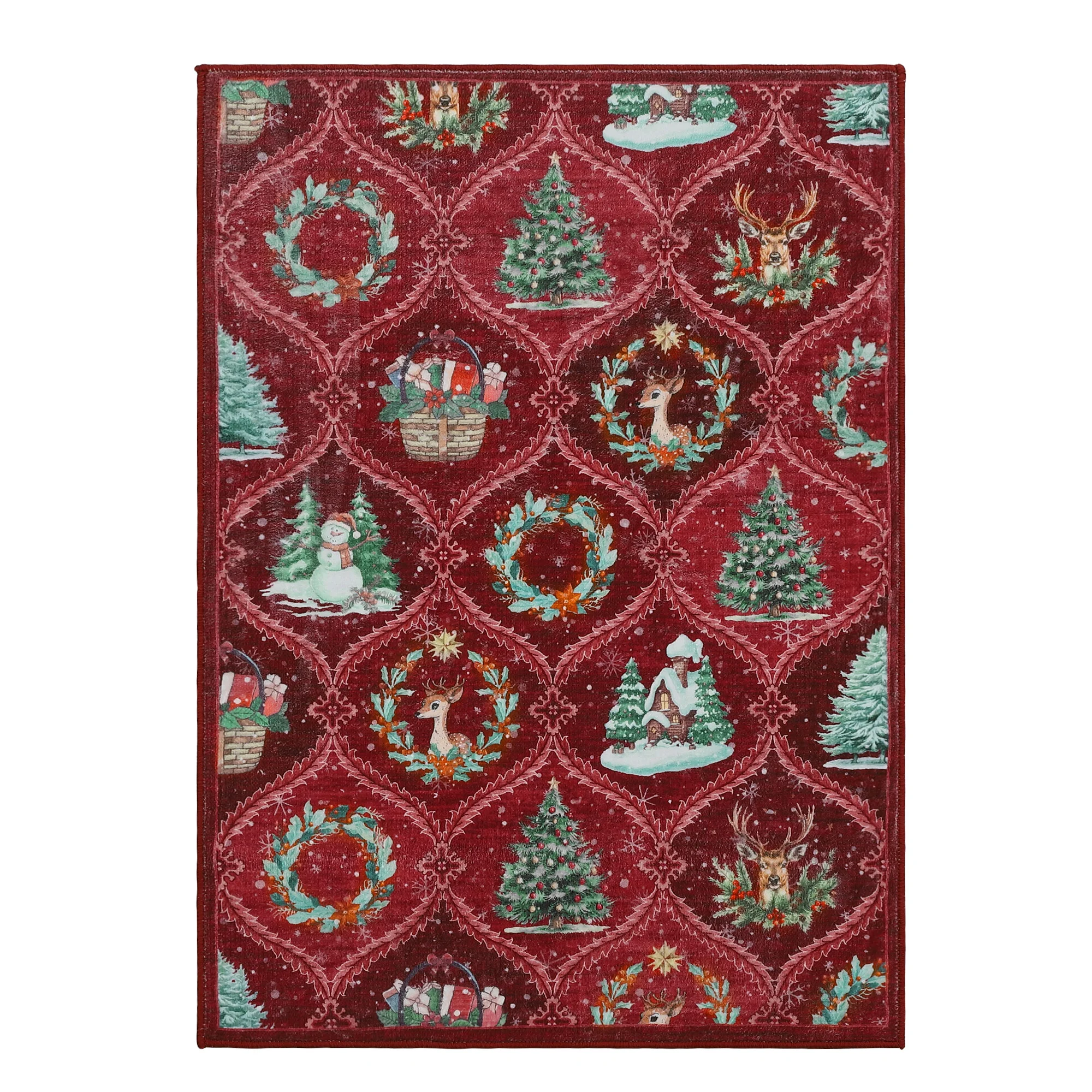 Machinewasbaar Kerstvloerkleed Rood Feestelijk Vloerkleed met Kerstboom-, Rendier- & Sneeuwpoppatroon, Antislip Decoratieve Loper voor Woonkamer, Slaapkamer, Entree, Keuken Kerstdecoratie voor Thuis