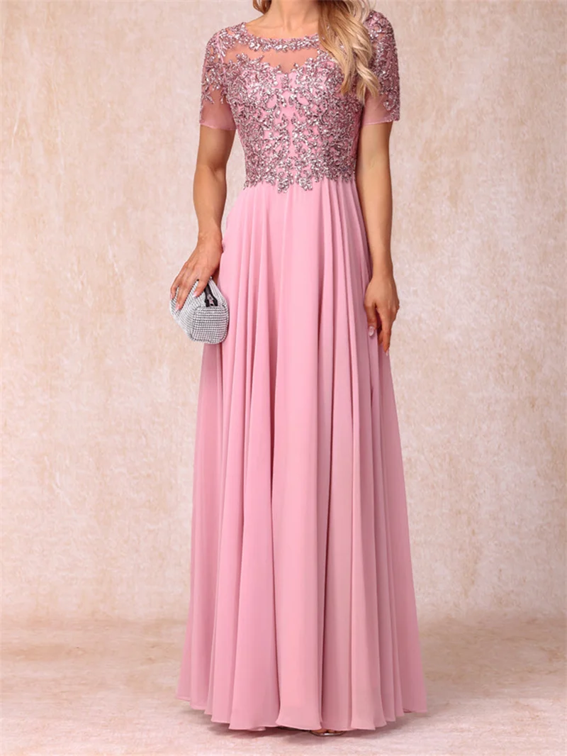 A-Line Chiffon Long Prom Dresses With Sequins & Appliques Sheer Neck Short Sleeves Elegant Evening Formal Dress For Mother