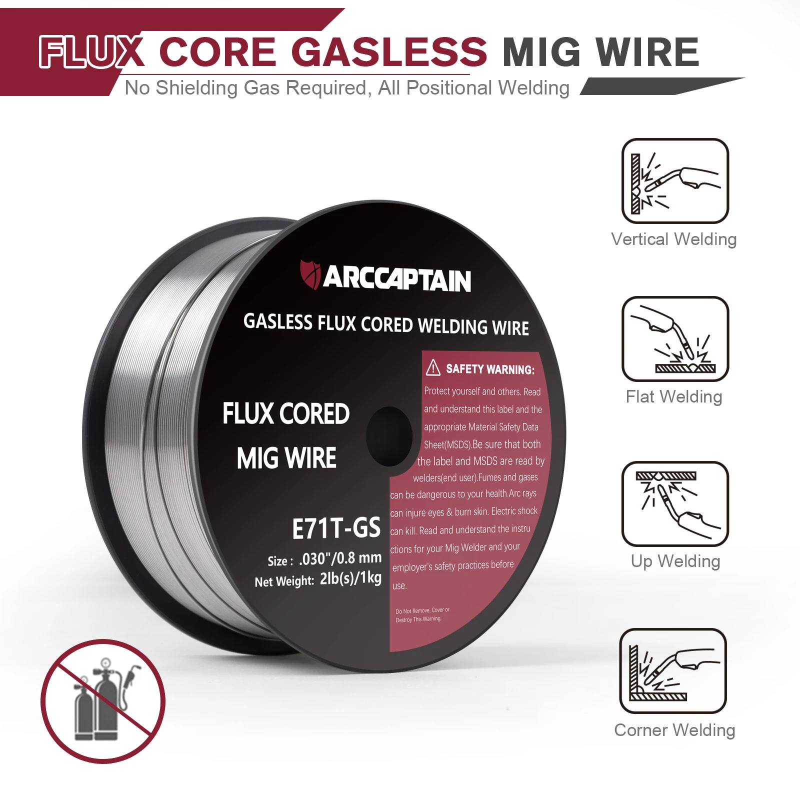 ARCCAPTAIN MIG Welding Wire Diameter 0.8mm0.9mm 2lb1KG Gasless E71T-GS AWS A5.20 Flux Cored Wire NonGas for MIG Welding Machine