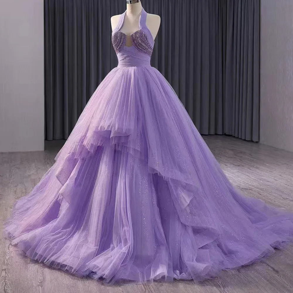 Luxury Halter Sleeveless Purple Evening Dress Lace Up Back Sequined Gown Elegant Customizable Special Occasion 2026