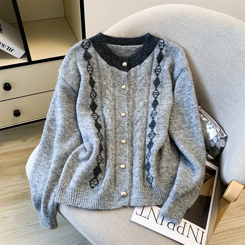 

Женский жаккардовый вязаный кардиган серого цвета с бриллиантами, осенне-зимний новый однобортный свитер в корейском студенческом стиле с круглым вырезом, топ