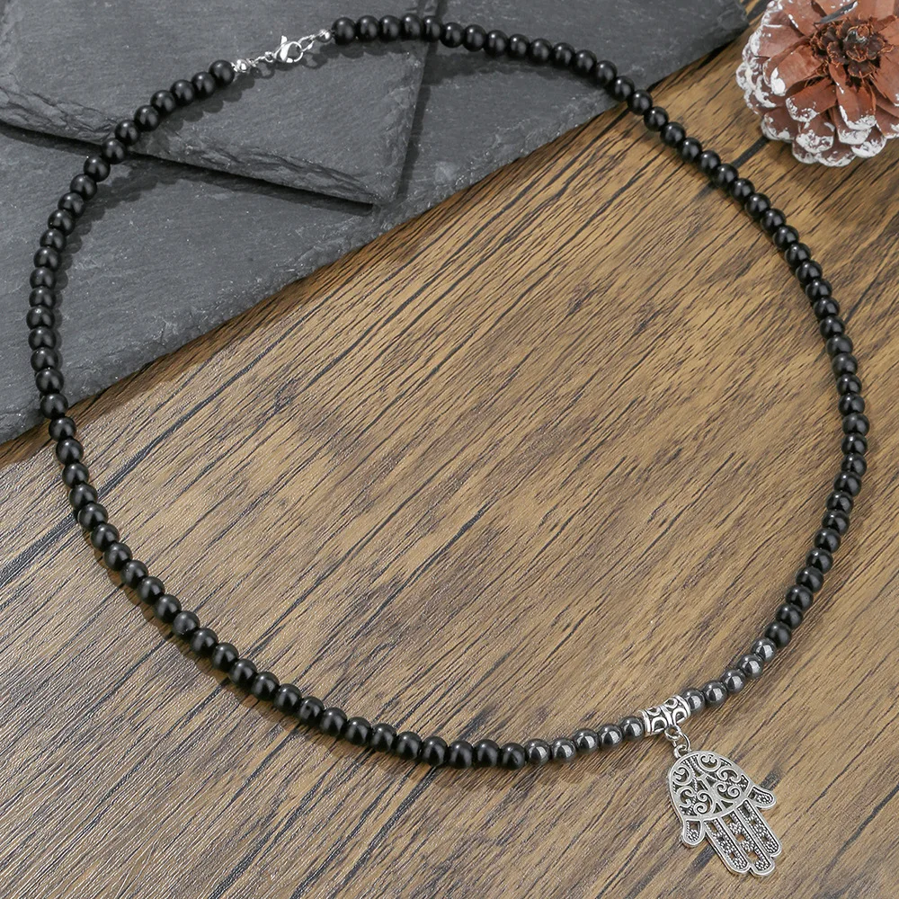 Noter Hiphop Rock Männer Halskette Türkei Fatima Hand Anhänger Kragen 6mm Lava Onyx Obsidian Stein Heilung Hals Zubehör Schmuck