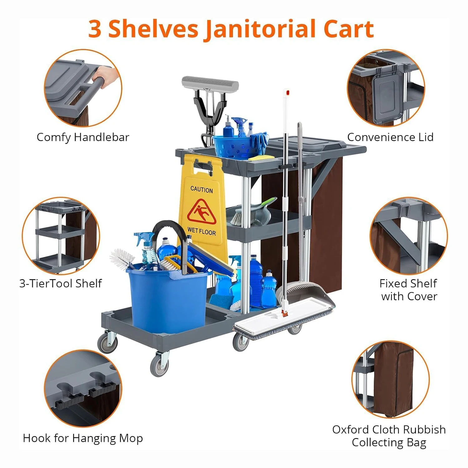 Carro de Limpieza Comercial para Limpieza de Edificios, Carro Utilitario de 3 Estantes con Ruedas, Bolsa de Vinilo, Cubierta y Caddy para Hoteles, Escuelas, Hospitales y Restaurantes