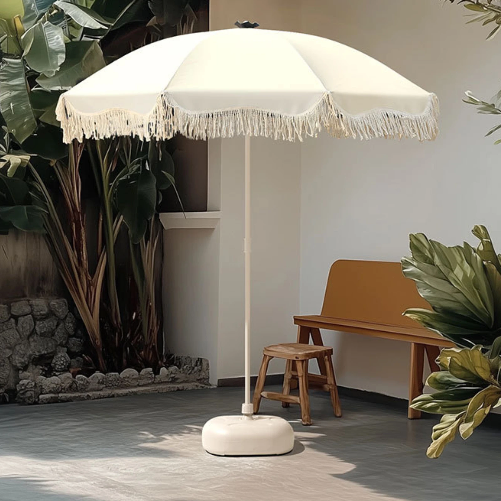 Outdoor Garden Umbrella with Tassels Sturdy Steel Pole Windproof Sun Shade Parasol for Beach Vacation