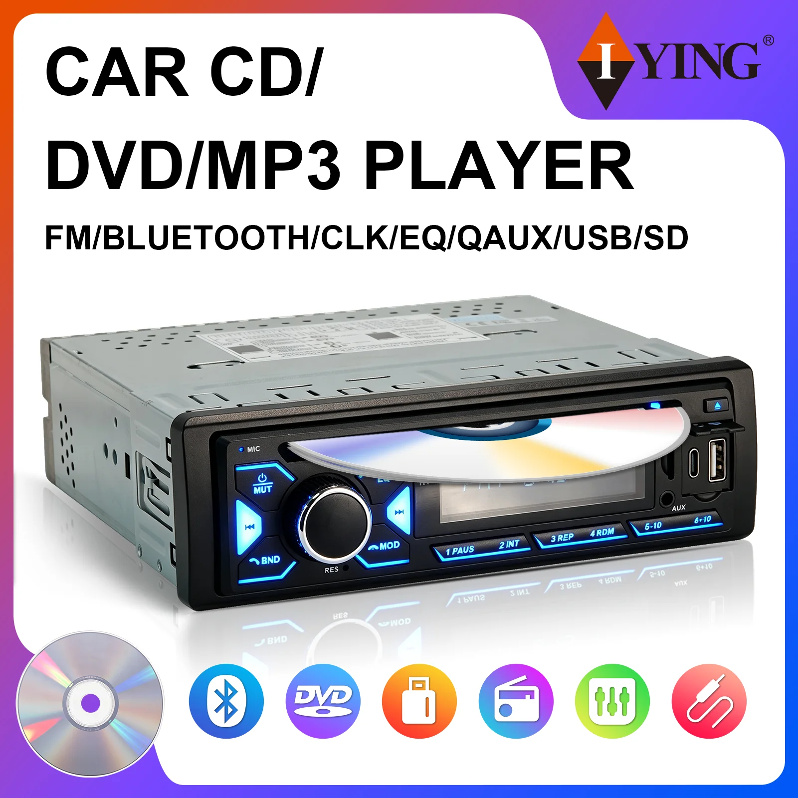 Autoradio 1 Din con Aux/Scheda TF/USB/DVD/BT/Luci Colorate sui Pulsanti/Lettore MP3 per Auto