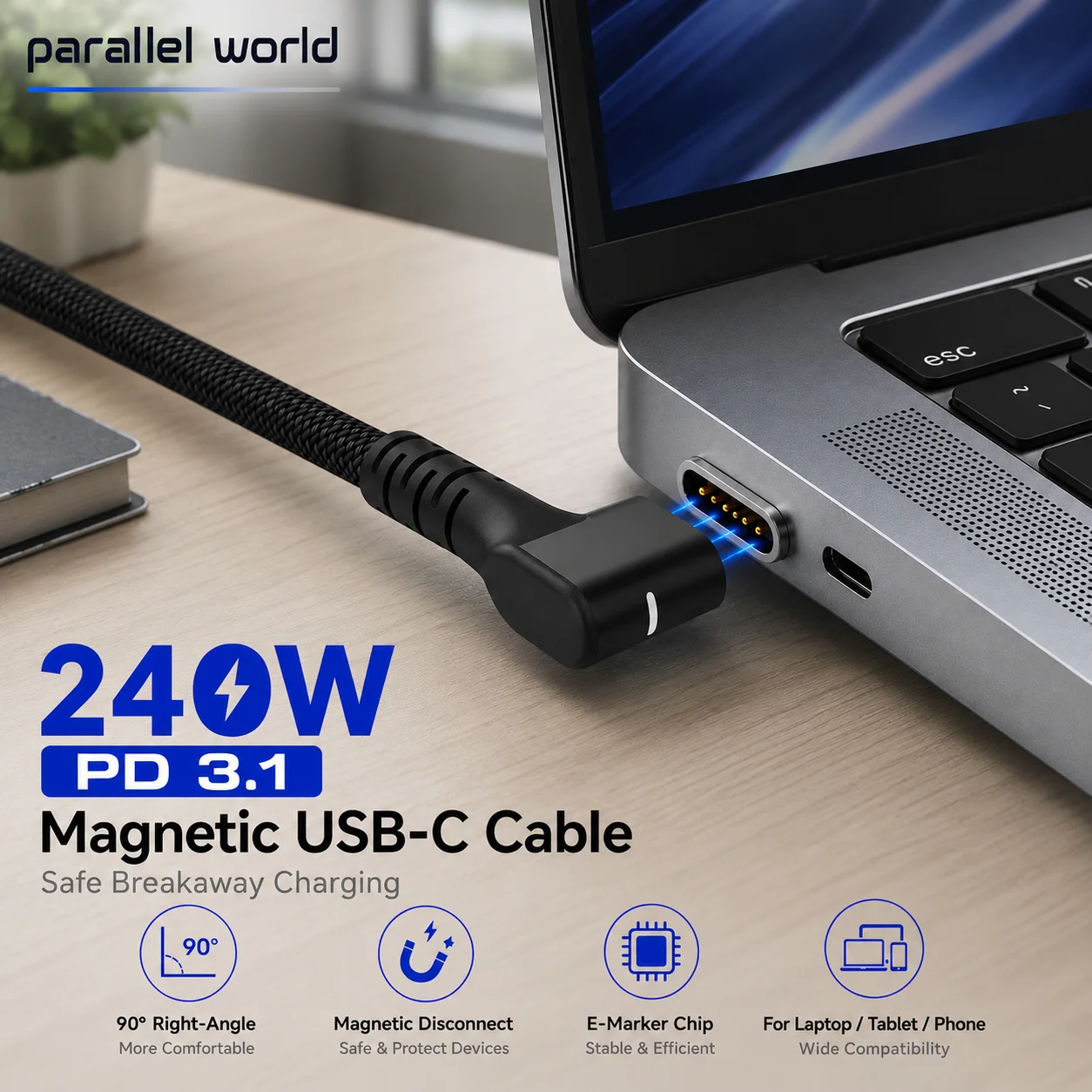 240W PD 3.1 Magnetisches USB-C Ladekabel 90 Grad USB-C zu USB-C Schnellladekabel mit Trennfunktion für Laptops und Tablets – Detail 2