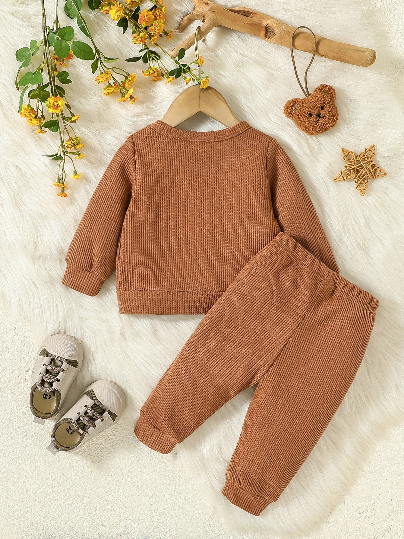 2Pcs Winter Autumn Baby Boys Clothes Set Tops Round Neck Long Sleeve Solid Color + Trousers With Buttons 6-24M