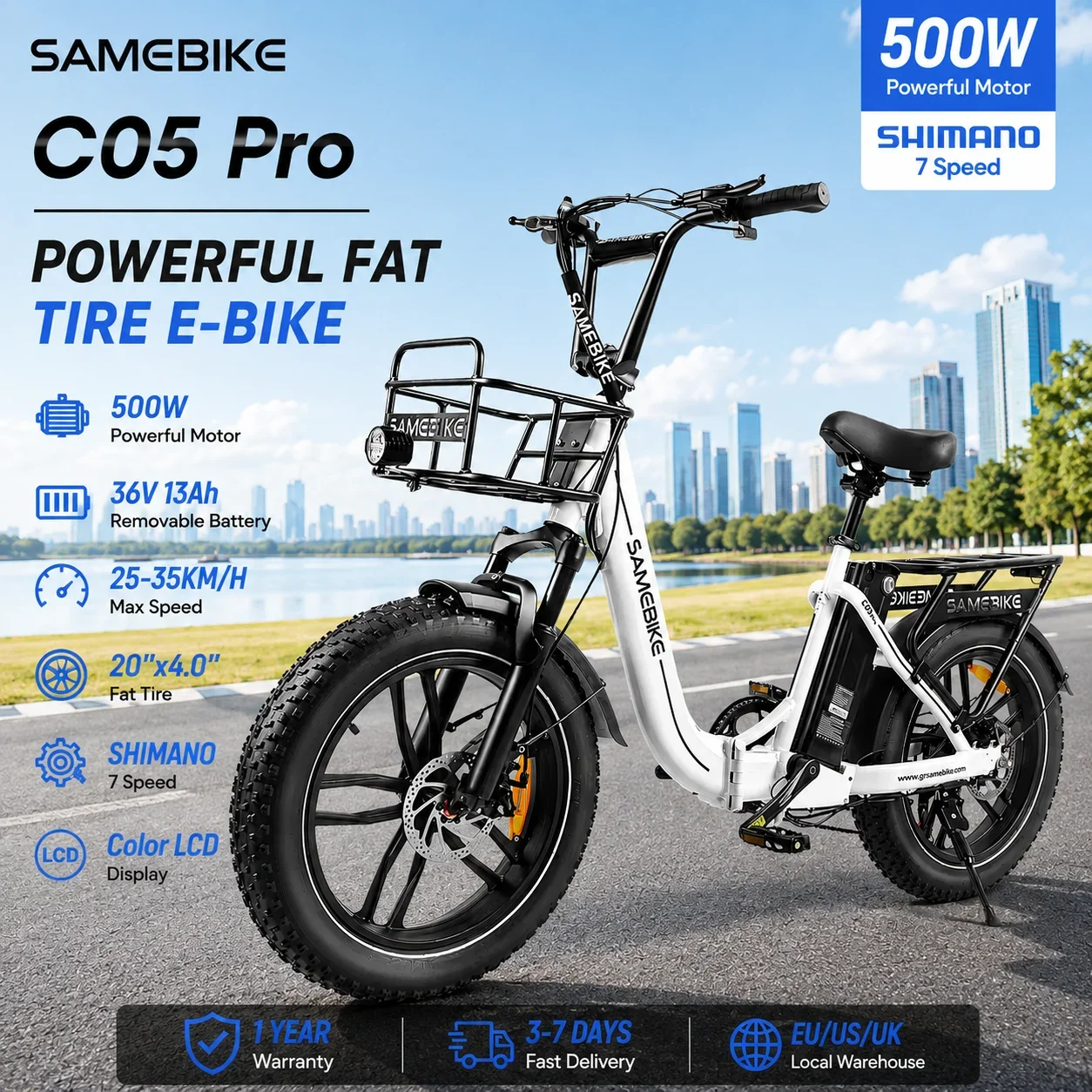 SAMEBIKE C05 Pro Opvouwbare elektrische fiets 500W E-bike 36V13Ah Verwijderbare batterij 20”x4.0” Off-road dikke banden 7 versnellingen Velg van magnesiumlegering LCD-display 25-35KM/H Elektrische
