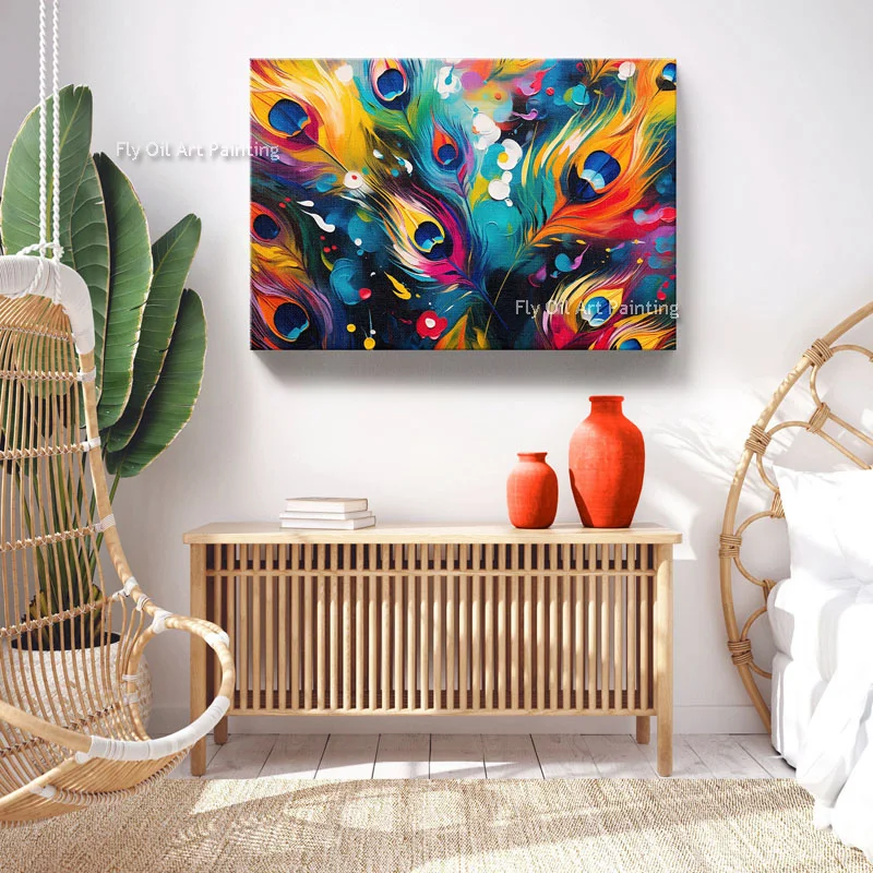 

Colorful Peacock Feather Abstract Canvas Painting Hand Painted Beautiful Feathers Oil Painting Modern Wall Art Decor For Home