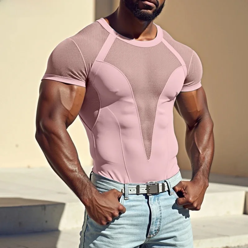 INCERUN topy 2024 moda w stylu amerykańskim seksowne męskie siateczkowe łączenie t-shirty męskie dorywczo elastyczne oddychające koszulki z krótkim rękawem — zdjęcie 2