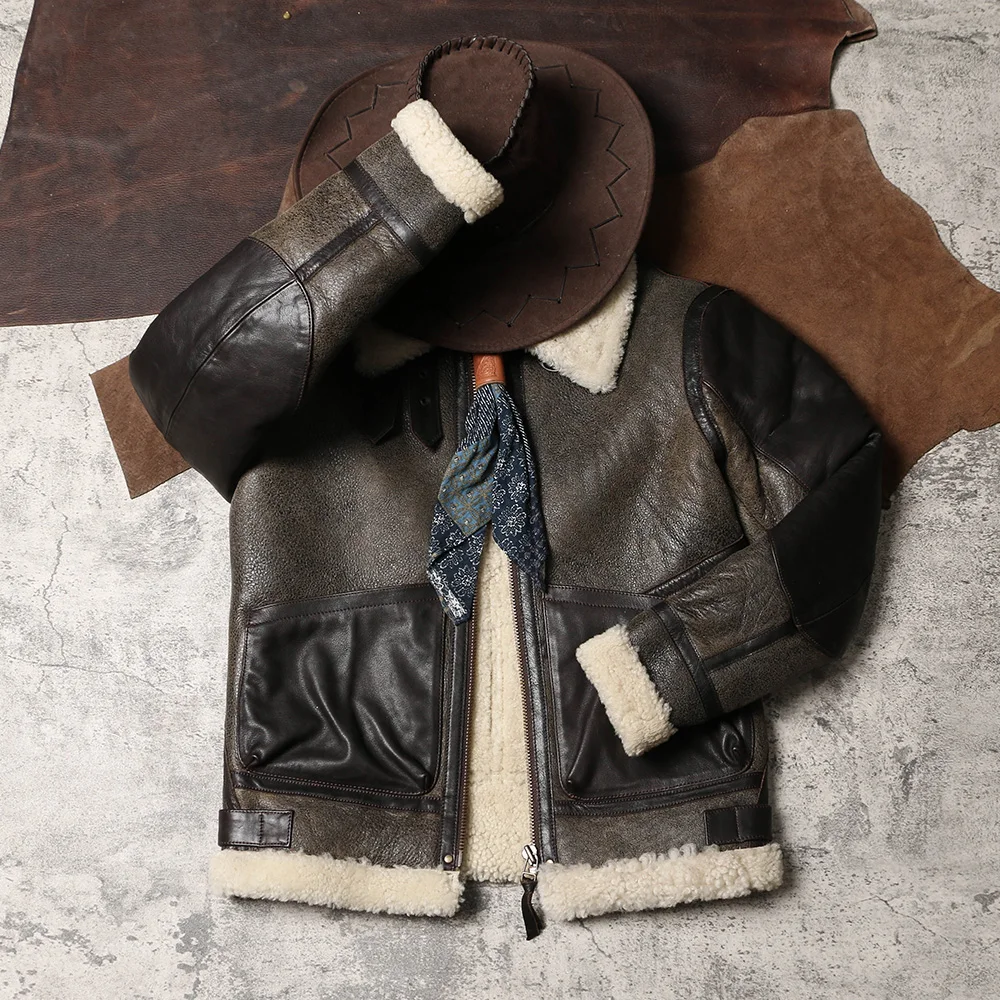 DSF1180 Asian Size Quality Warm Thick Heavy Genuine Sheep Leather Mens Winter Shearling Fur B3 Jacket