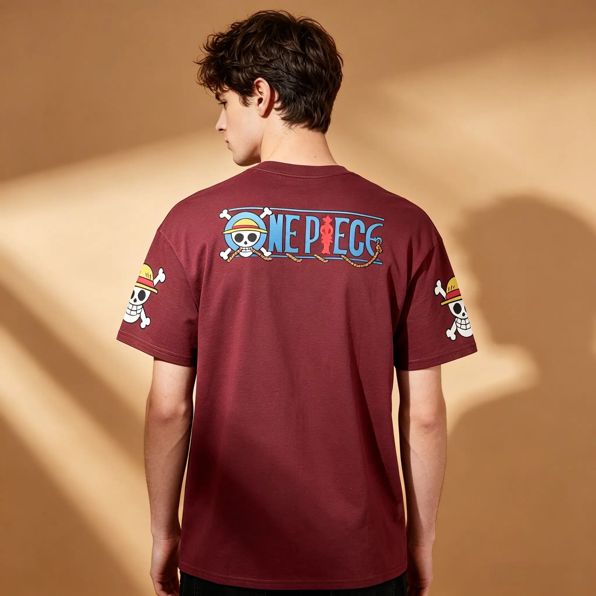 Men's One Piece Monkey D Luffy Straw Hat Pirates Anime Japanese Text Sleeve Print Crew Neck T-Shirt, Burgundy Vintage Otaku Stre