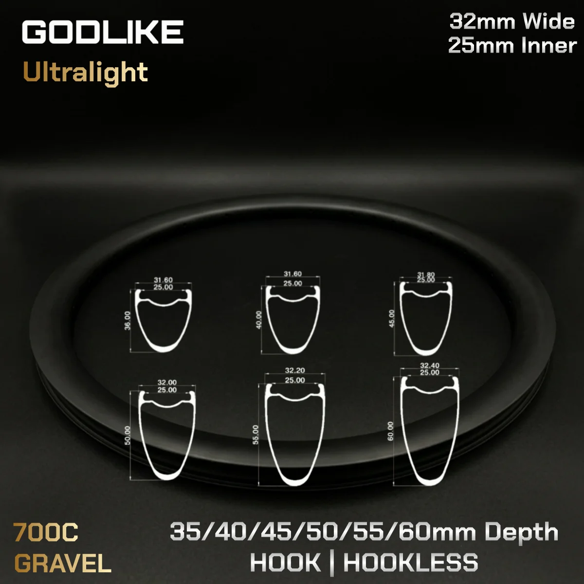 GODLIKE Ultralight 700C Carbon Rim 32mm Wide 25mm Inner Road Gravel Bicycle Wheel 35/40/45/50/55/60mm Depth Hook Hookless Rim