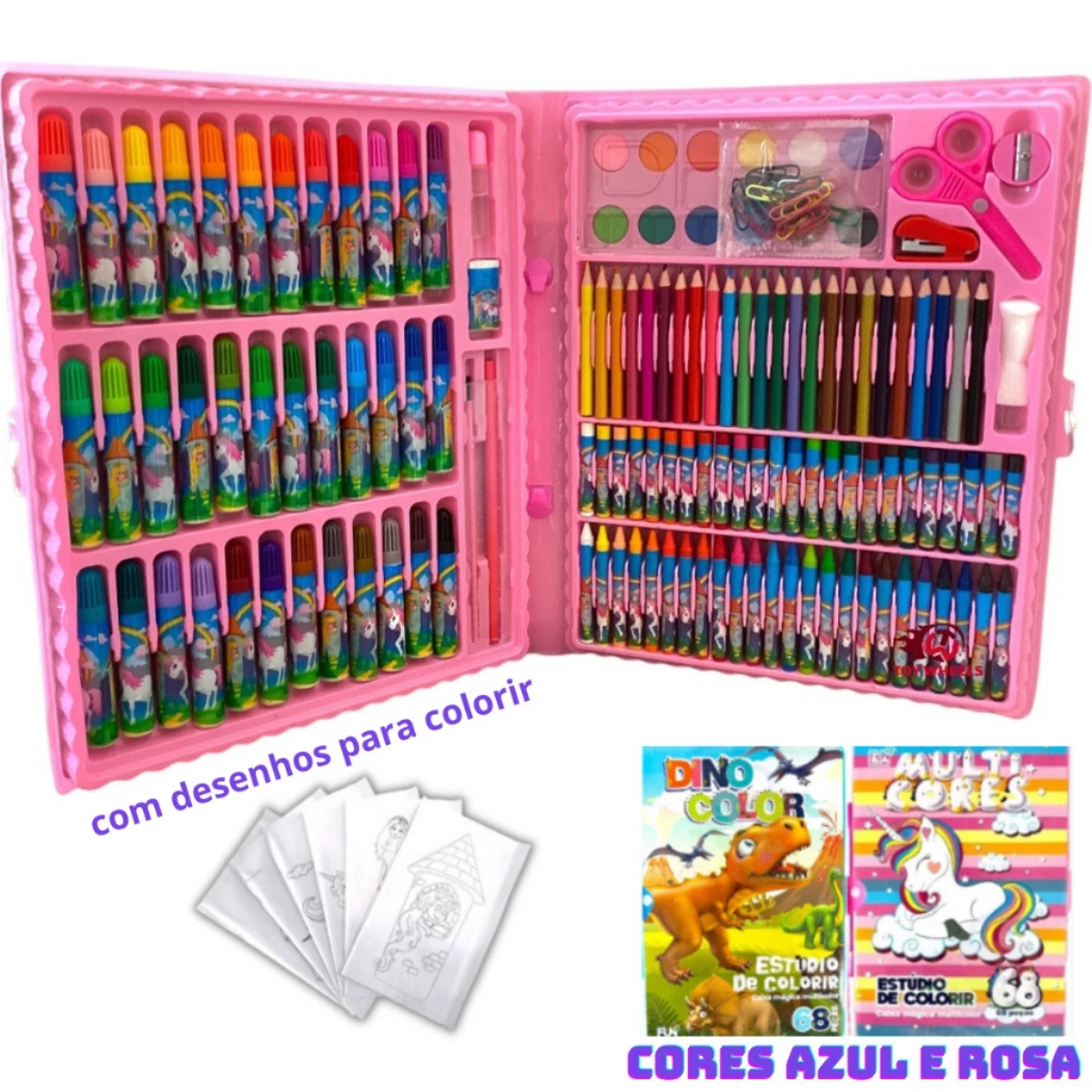 24/48/68/86/150 pçs Estojo Maleta Pintura Infantil Lápis Cores Giz Canetinhas e Diversos Tamanhos Desenhos Para Colorir