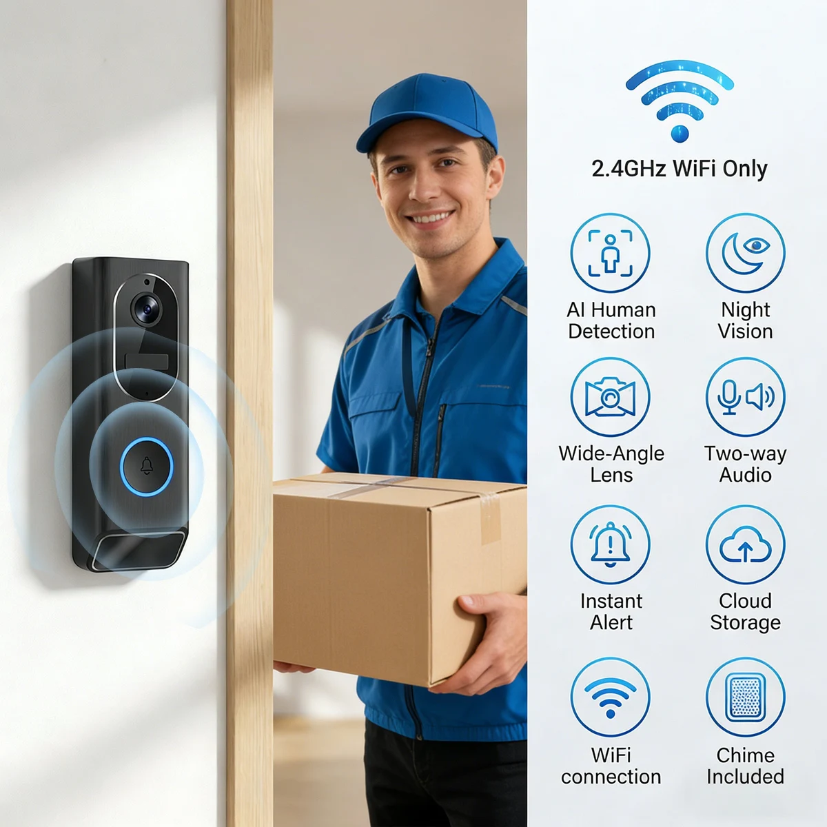 S7 Smart Video Doorbell Camera, 2.4GHz WiFi, AI Human Detection, Night Vision, Wide Angle Lens, Two-Way Audio, Cloud Storage, Indoor Chime Included