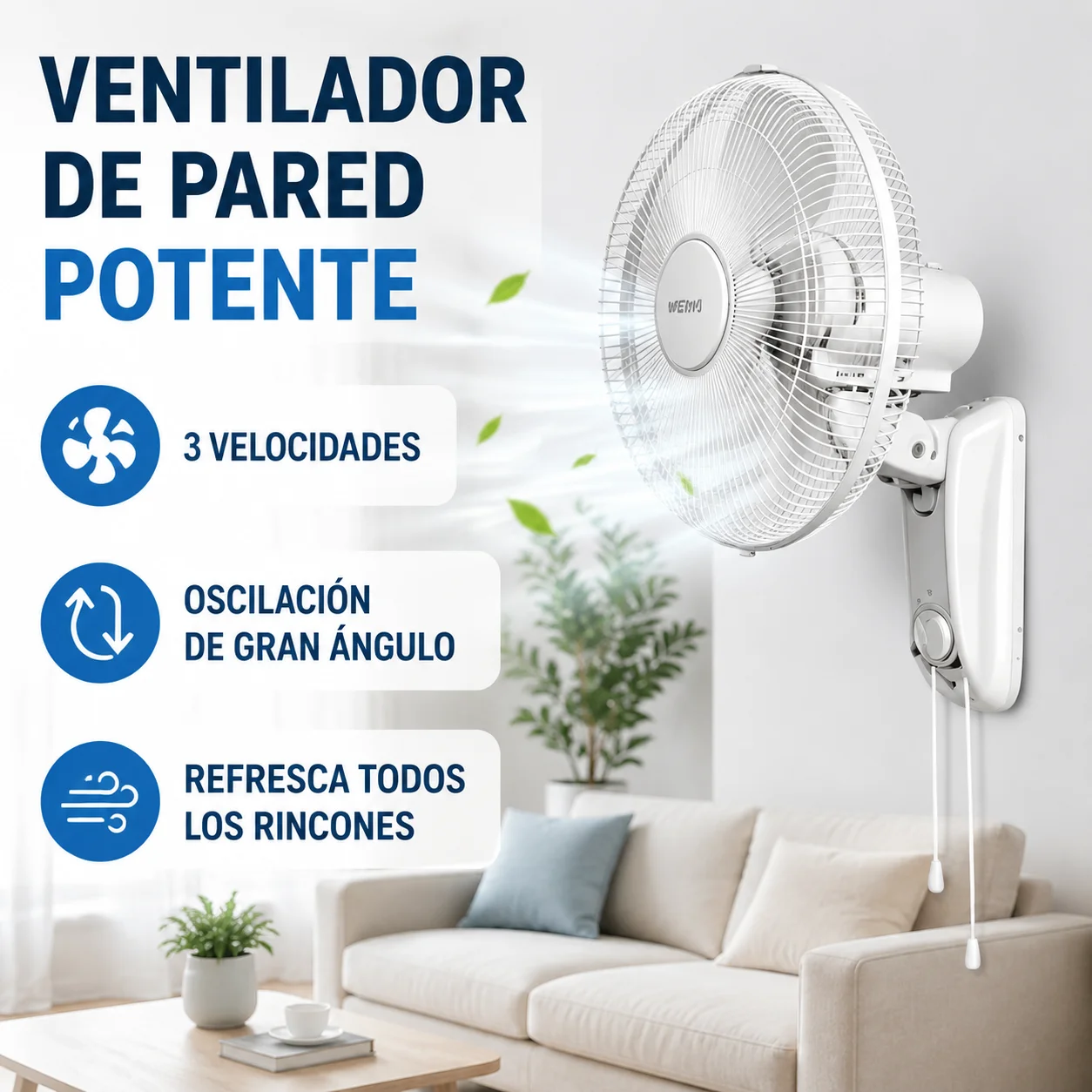 Ventilateur mural blanc pour la maison, trois vitesses (faible, moyenne, forte), oscillation à grand angle, inclinaison réglable, moteur puissant, fonctionnement silencieux, grille de protection, gain de place, idéal pour le salon, le bureau, le magasin, la salle de sport, l'entrepôt