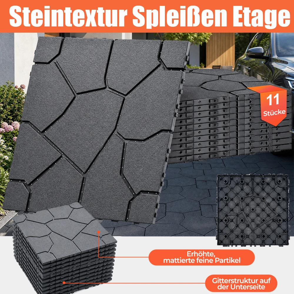 11 stuks, zelf te bevestigen terrastegels met steenmotief, 30x30 cm, duurzame, in elkaar grijpende PP-vloertegels, grijs, bestand tegen regen en sneeuw, geschikt voor binnen en buiten, voor terras,