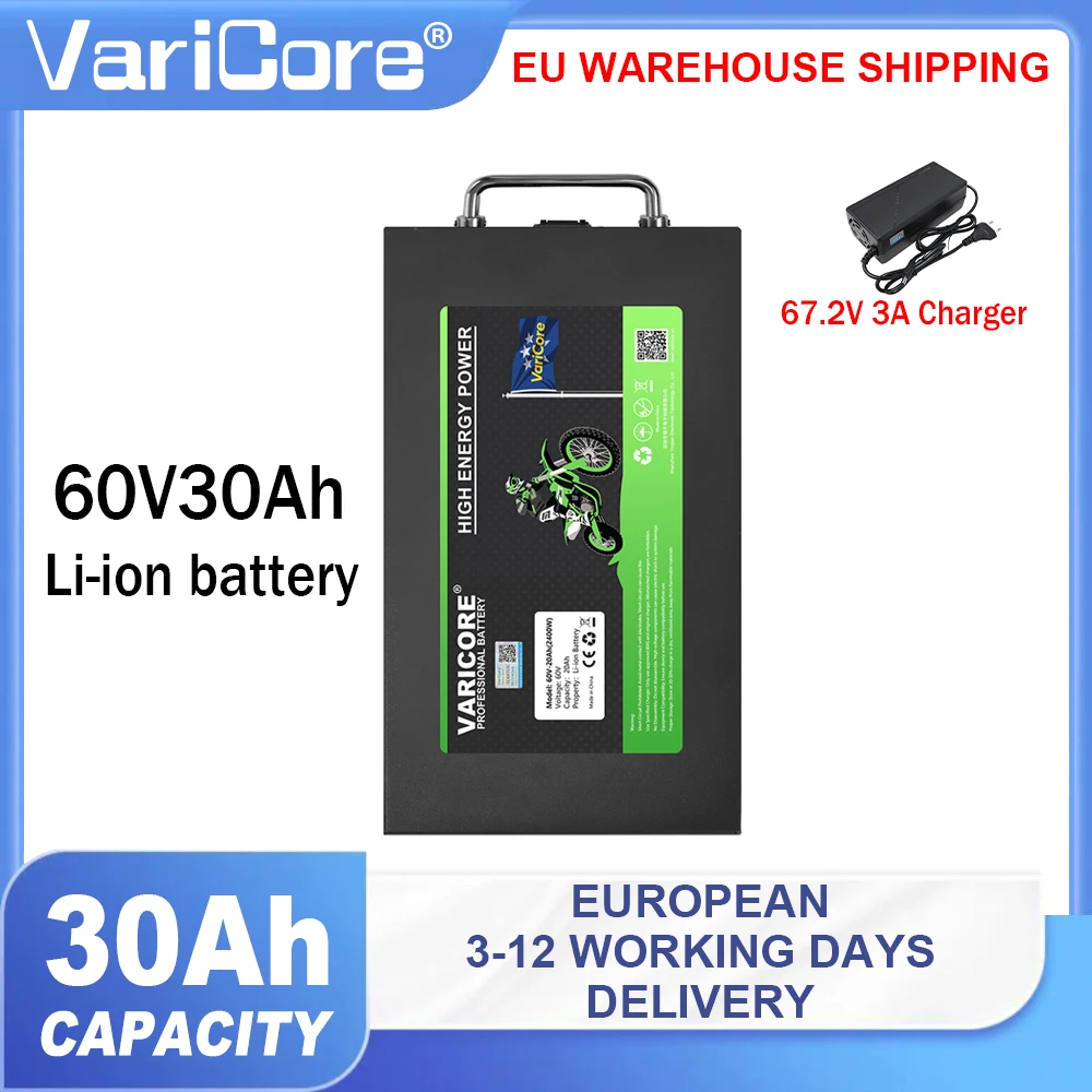 Pacco batteria al litio VariCore 60V 30Ah, impermeabile, 16S 18650, con sistema di gestione della batteria (BMS) integrato, per dispositivi da 500W a 2400W.