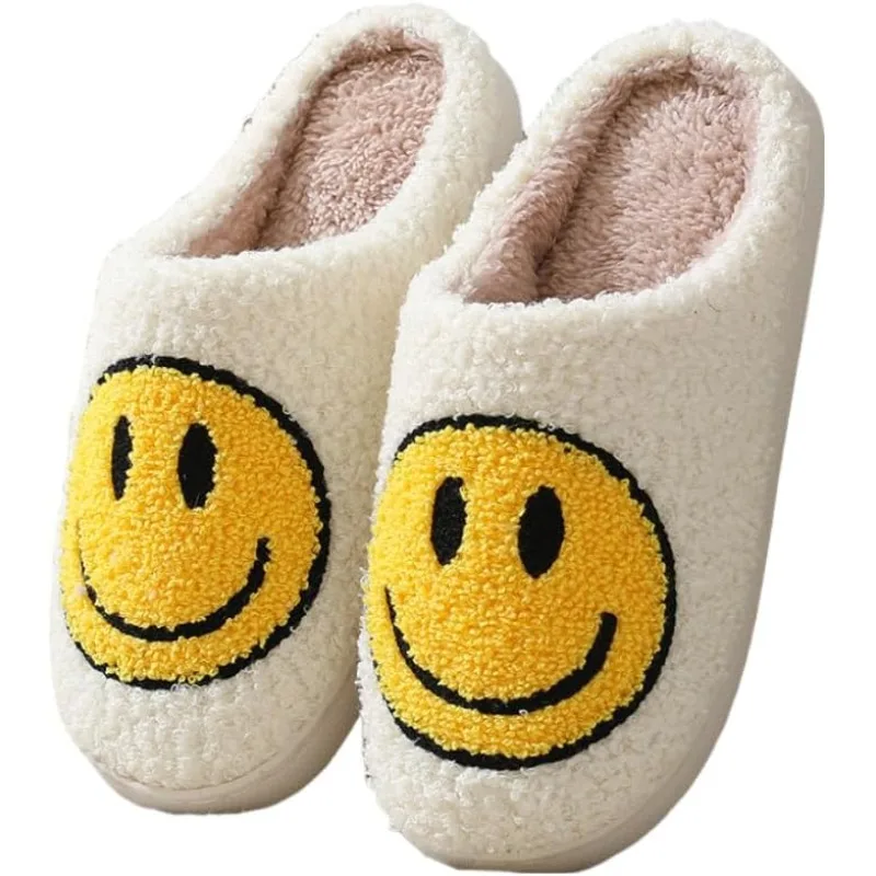 

Smile Face Slippers for Women and Men, Retro Comfy Warm Soft Fuzzy Plush Slip-On House Shoes Funny Cute Happy Smile Home Winter
