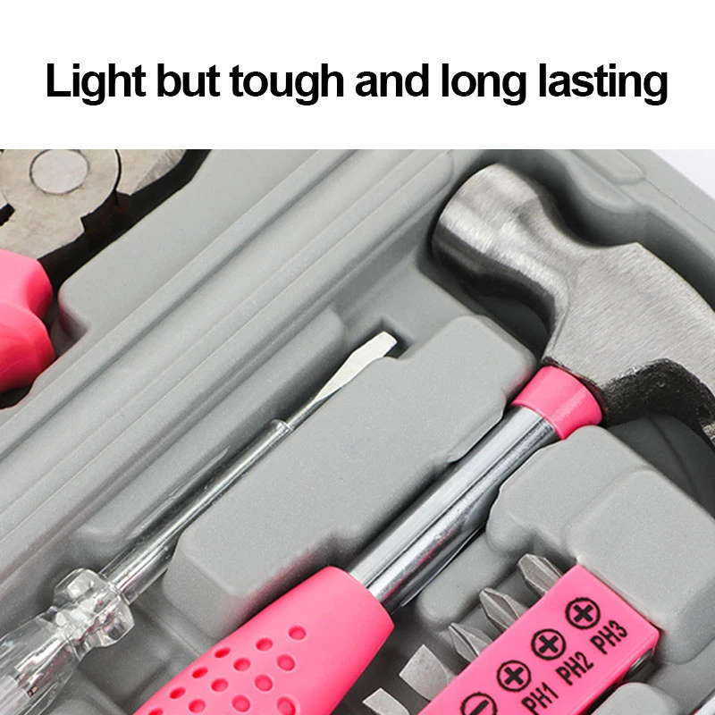 ชุดเครื่องมือช่างในครัวเรือนสีชมพู 24 ชิ้น, ชุดเครื่องมือช่างโลหะแข็งแรง, กล่องเครื่องมือสไตล์คลาสสิกแบบโรงนา, เครื่องมือช่างโลหะทนทานสำหรับผู้หญิง