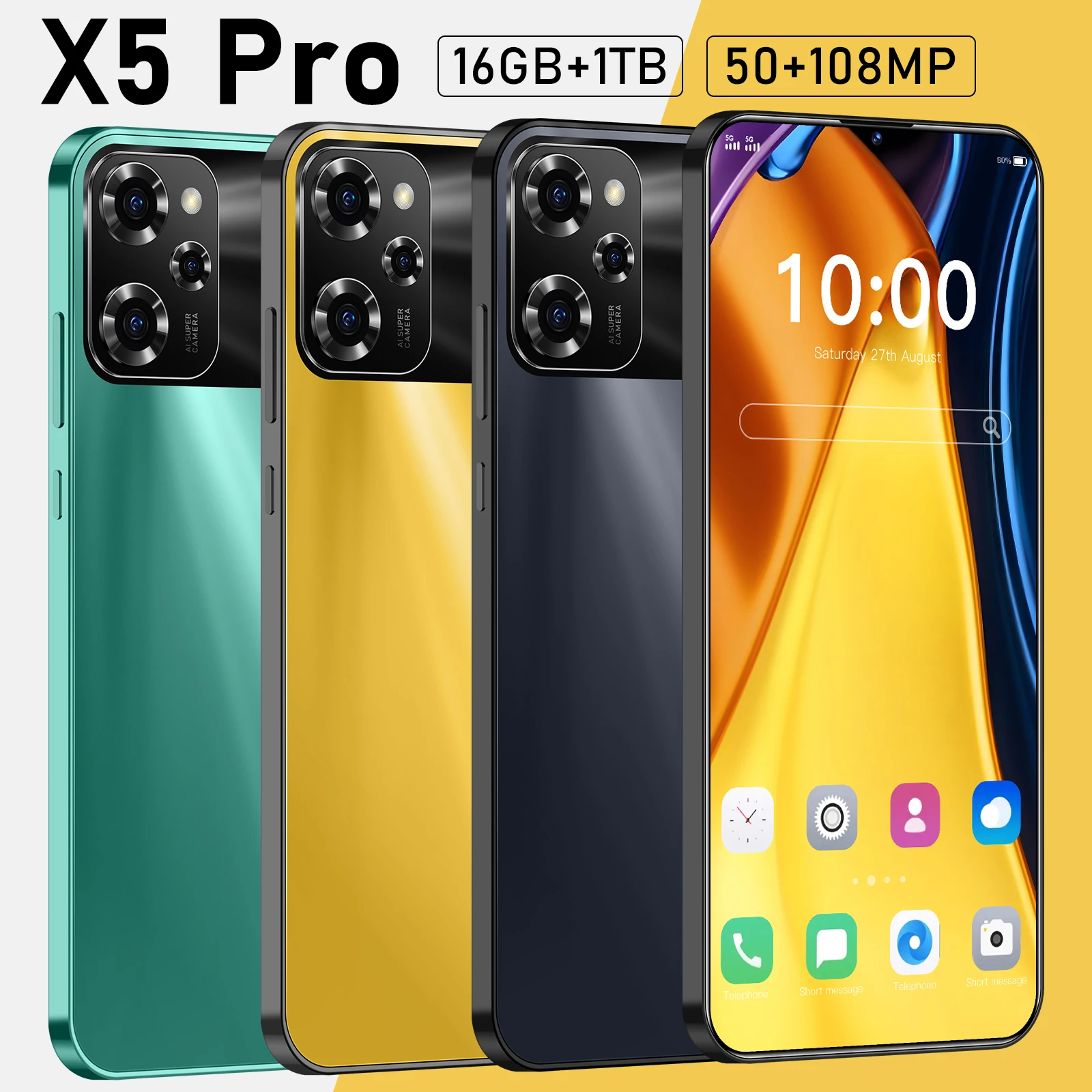 X5 pro-デュアルSIMスマートフォン,Androidスマートフォン,7.0 hdスクリーン,16g 1t,5g,108mp,7000mah,新しい2021