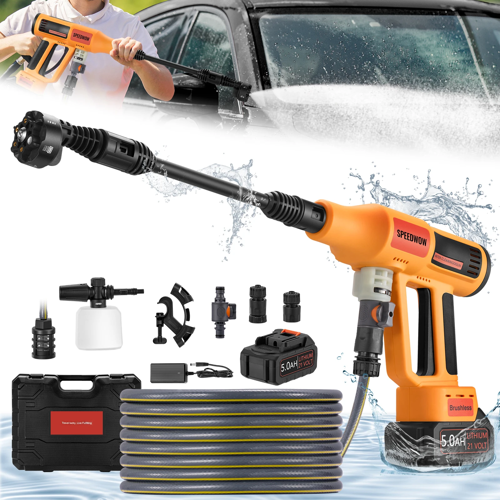 Portable Cordless Pressure Washer 1060PSI 2.8 GPM High Power Washer with Brushless Motor 6-in-1 Adjustable Nozzle For Car