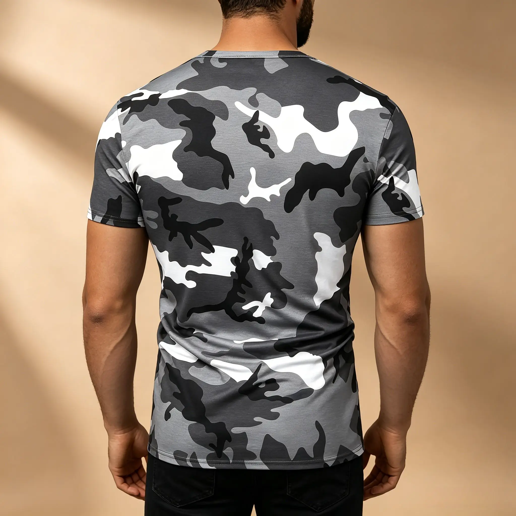 Men's Grey White Black Camo Full Print T-Shirt, Slim Fit Crew Neck Stretch Soft Fabric Camouflage Short Sleeve Tee For Outdoor H view 2