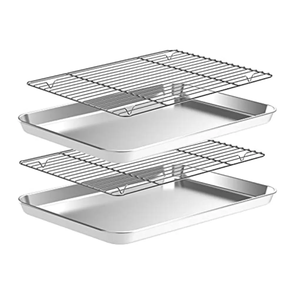 2 Pack Stainless Steel Baking Sheet Set with Cooling Racks Non-Toxic Heavy Duty Easy Clean Cookie Pan Tray for Toaster Oven 16x12x1 Inches