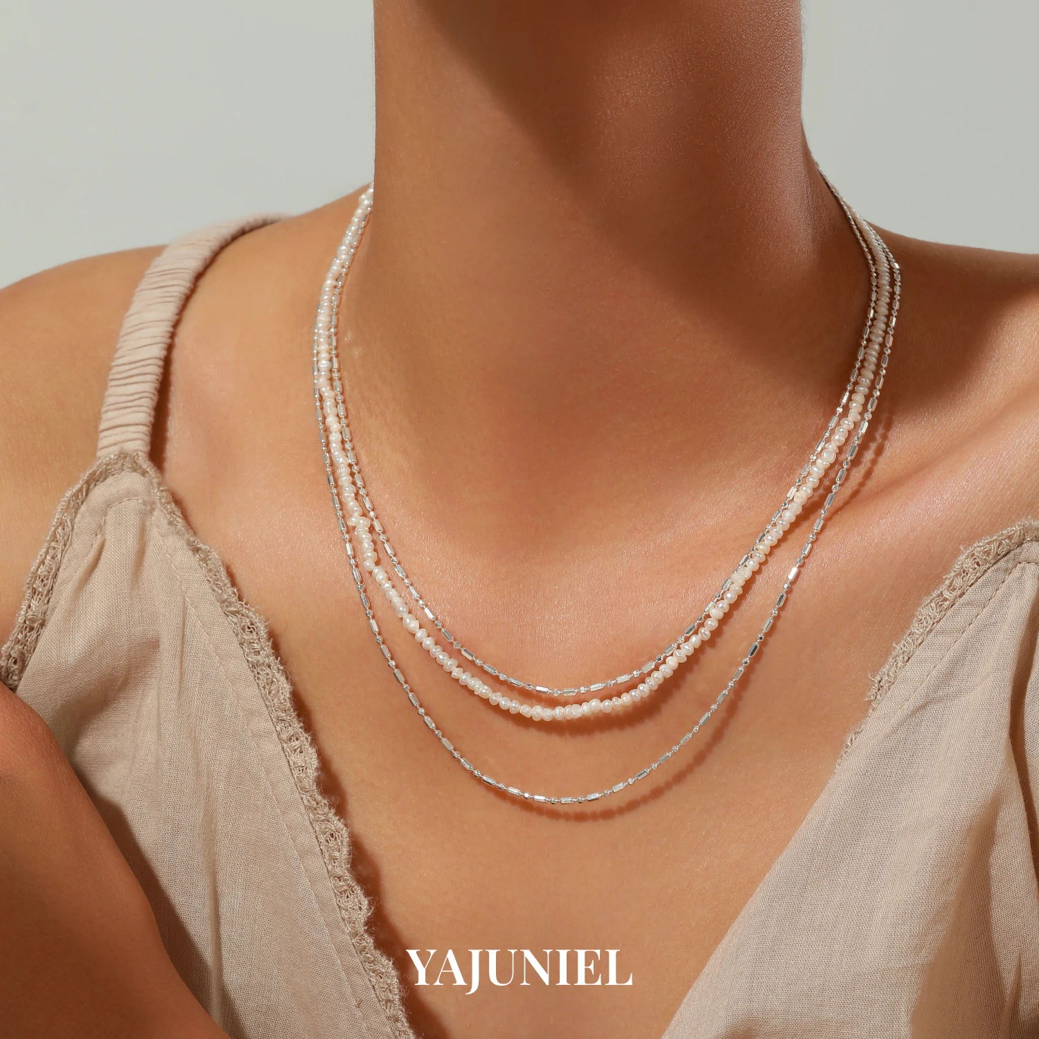 

YAJUNIEL 925 Sterling Silver Layered Natural Freshwater Pearl & Bar Bead Necklace for Women Hypoallergenic Multi-Strand Choker