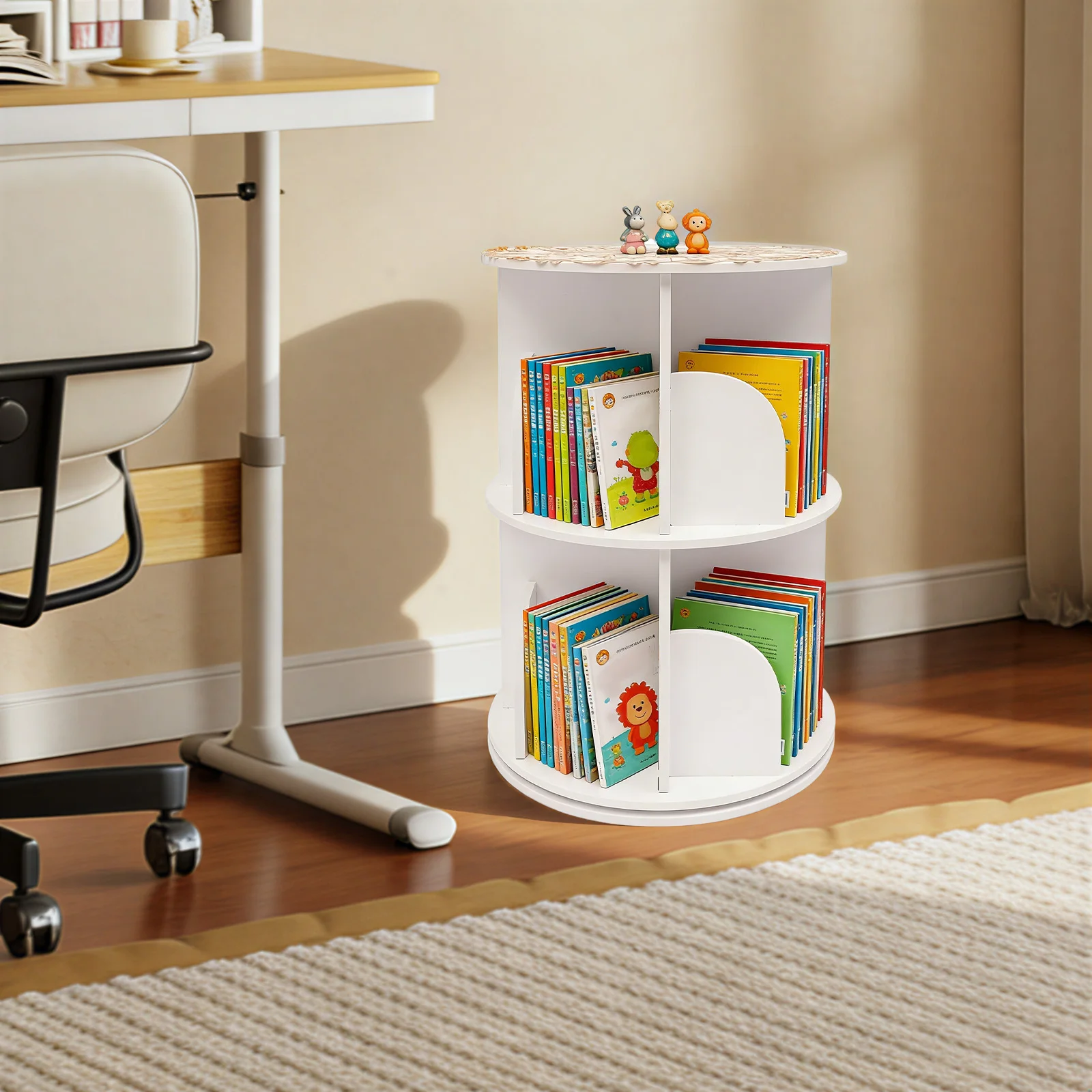 Étagère rotative à 2 niveaux, support de rangement autoportant pour salon, 360° °   Organisateur de bibliothèque réglable