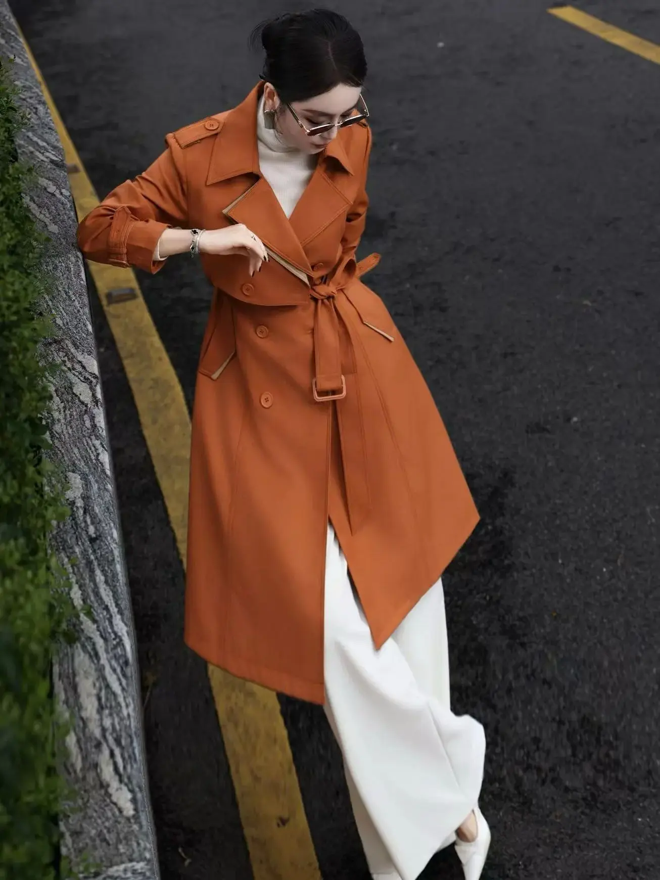 Autumn women's casual solid color british-style trench