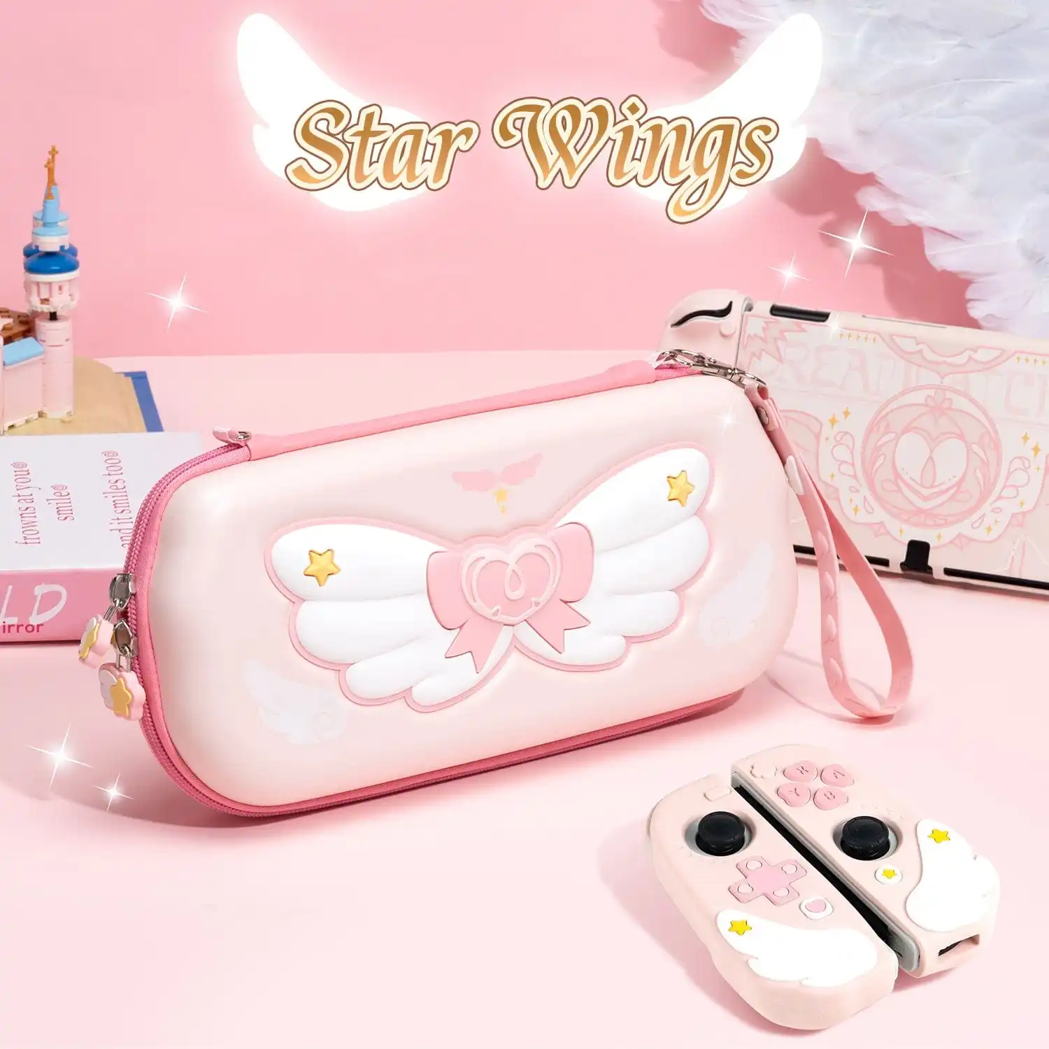 

GeekShare Star Wings Carrying Case for Nintendo Switch/OLED,Portable Hardshell Slim Travel Pink Carrying Bag for NS Accessories