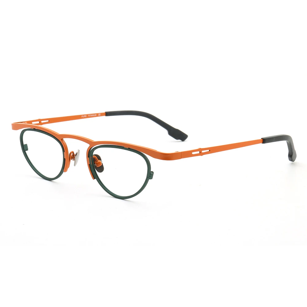 Retro Women Cat Eye Glasses Frames Men Round Optical Eyeglass Frame Pure Titanium Orange Green Eyewear Rx Lightweight Eyeglasses