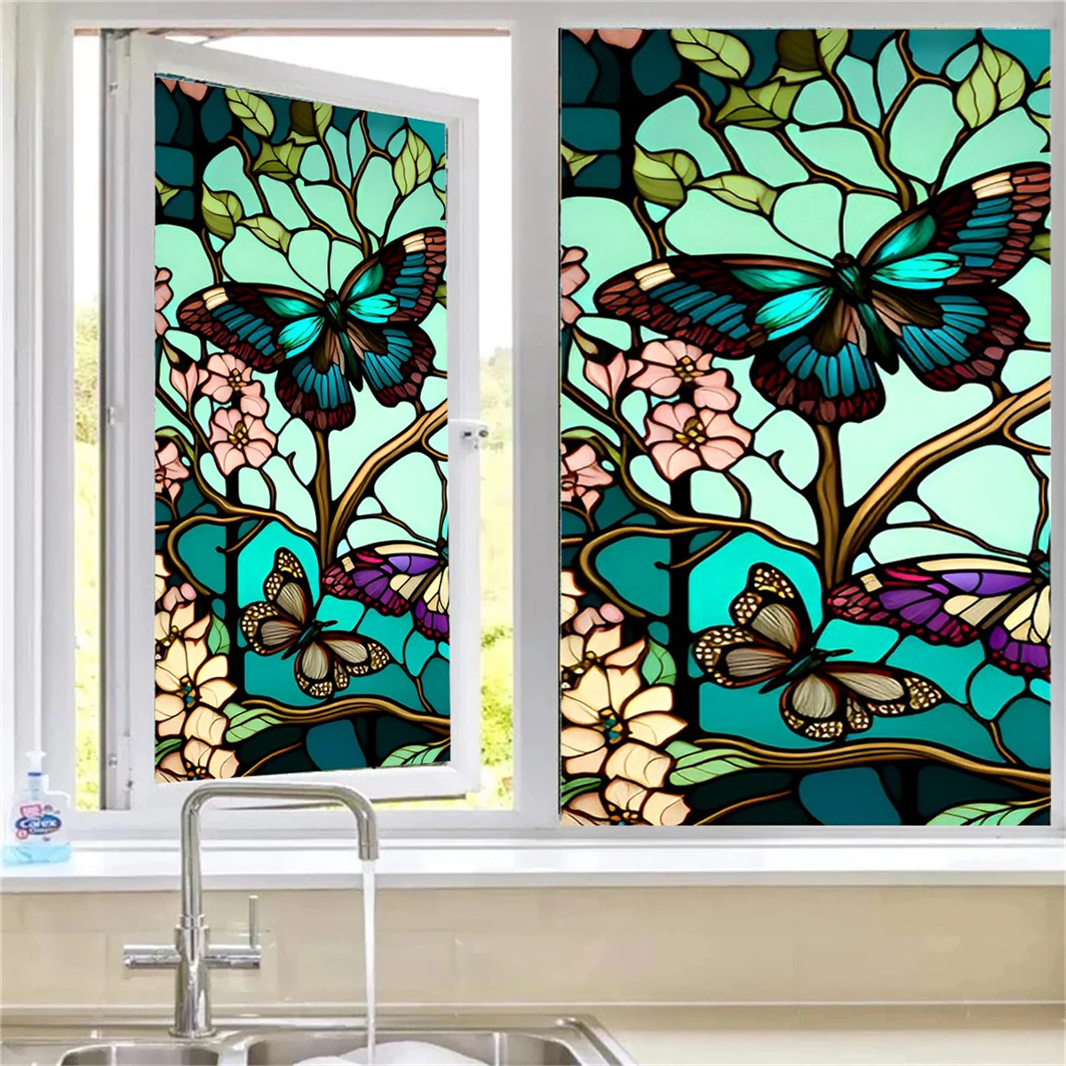 1 Stück Vintage Blumenmuster PVC Fensterfolie Statische Sichtschutzglasaufkleber Wiederverwendbare dekorative Fensterfolie für Wohnzimmer Schlafzimmer